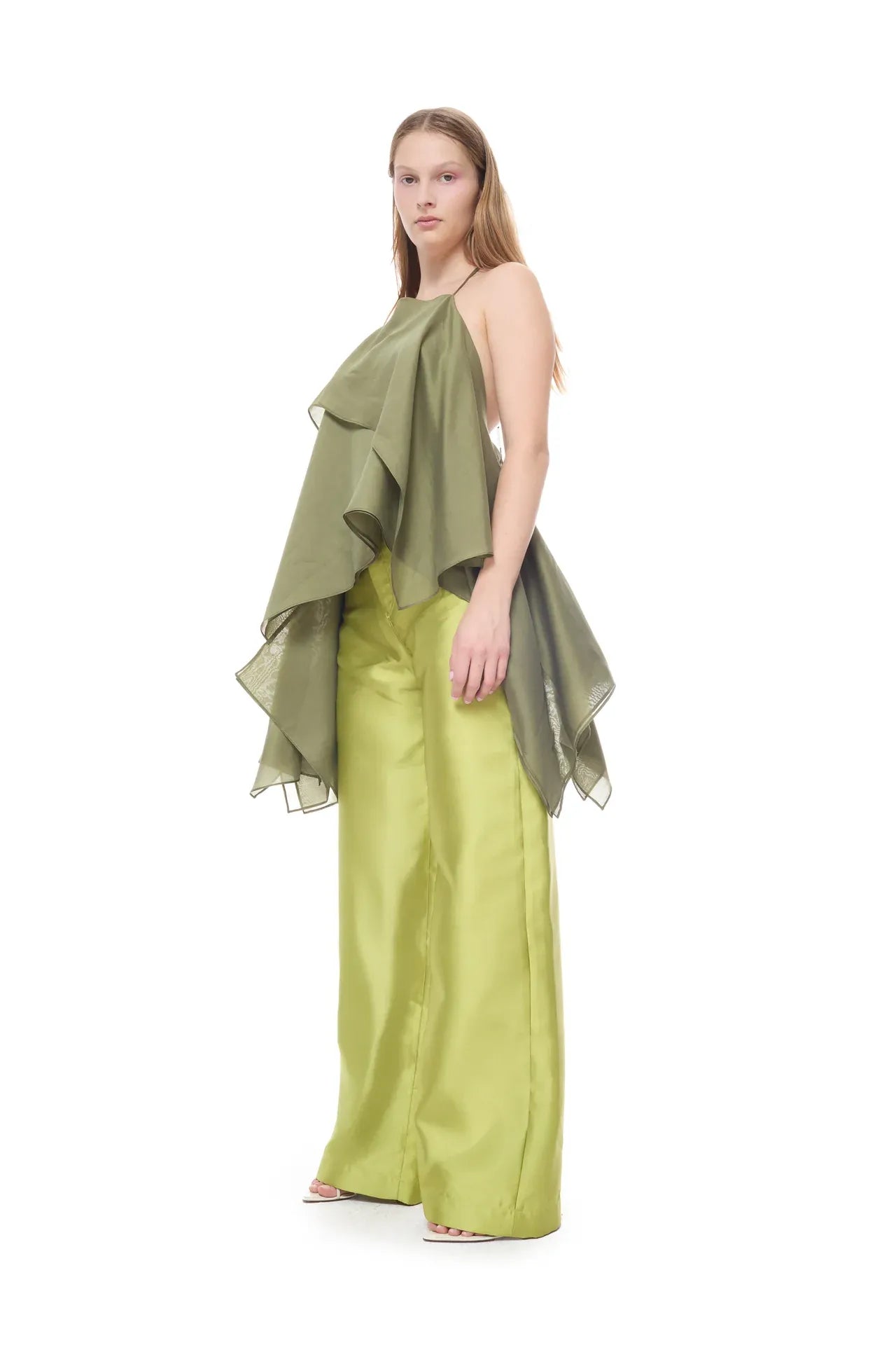 Double Layered Voile Scarf Sleeveless Top in Green