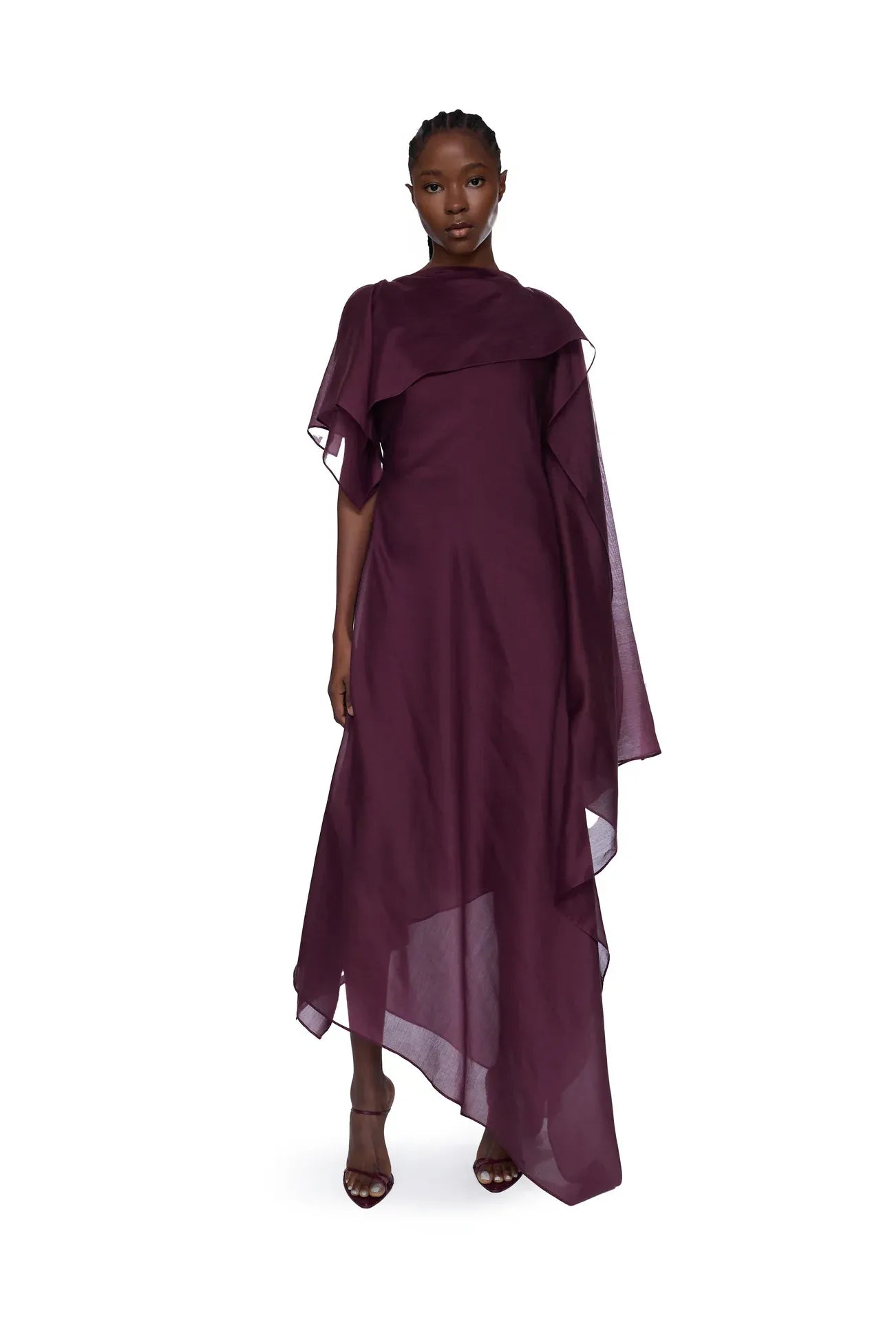 Voile Scarf Drape Midi Dress in Burgundy