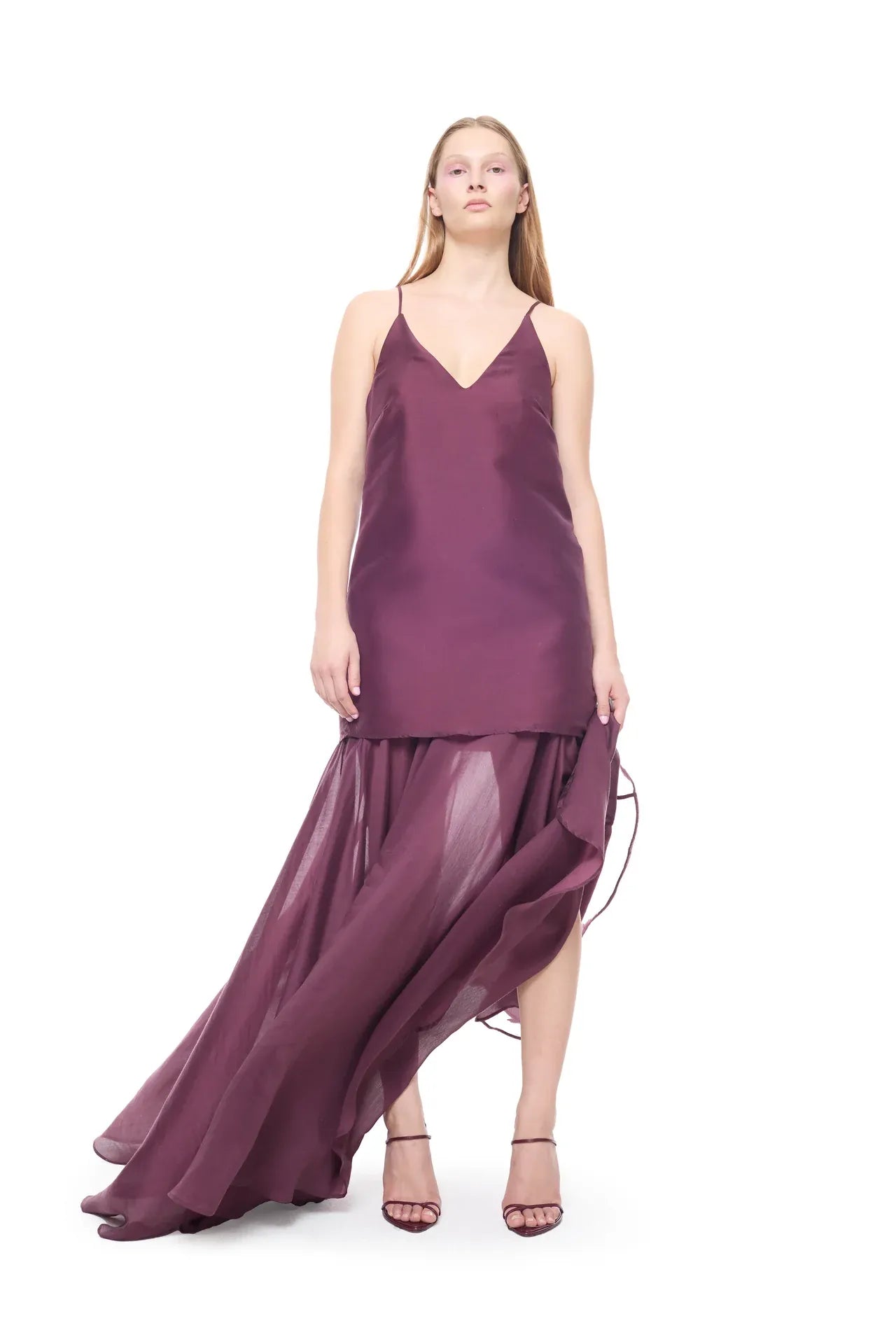 Double Layered Sleeveless Maxi Dress in Burgundy