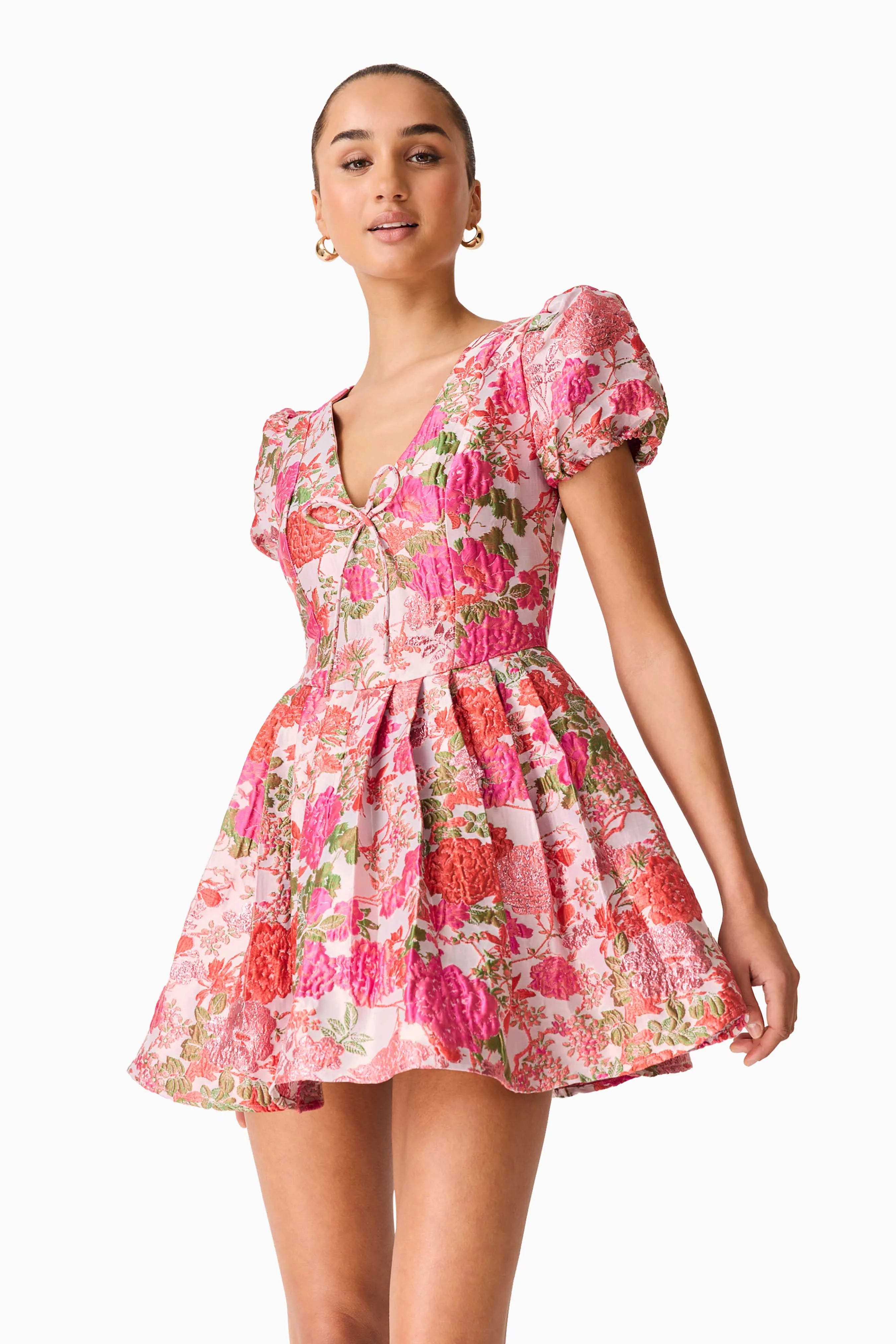 Floralie Short Sleeves Floral Mini Dress in Pink