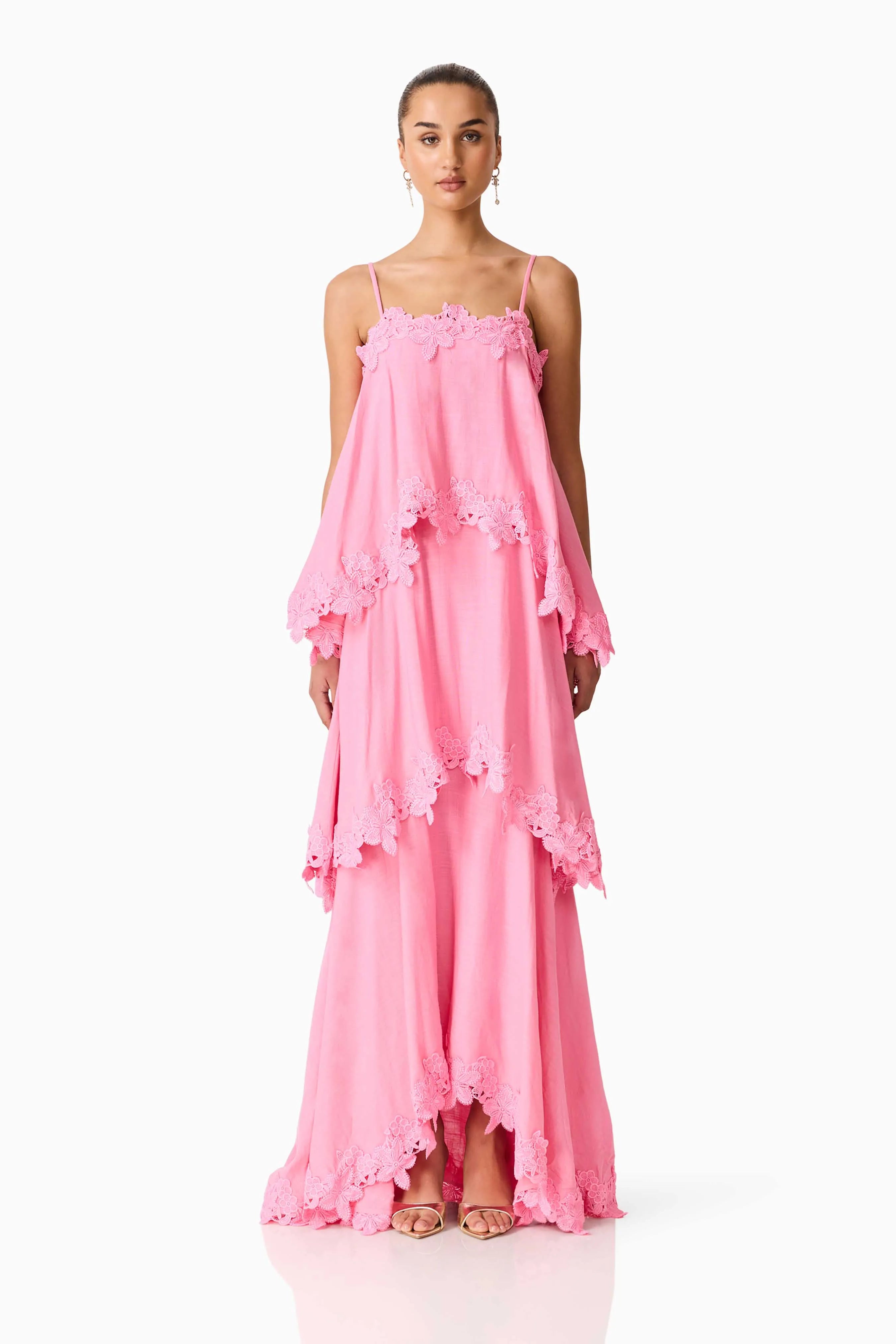 Miri Floral Tiered Sleeveless Linen Maxi Dress in Pink