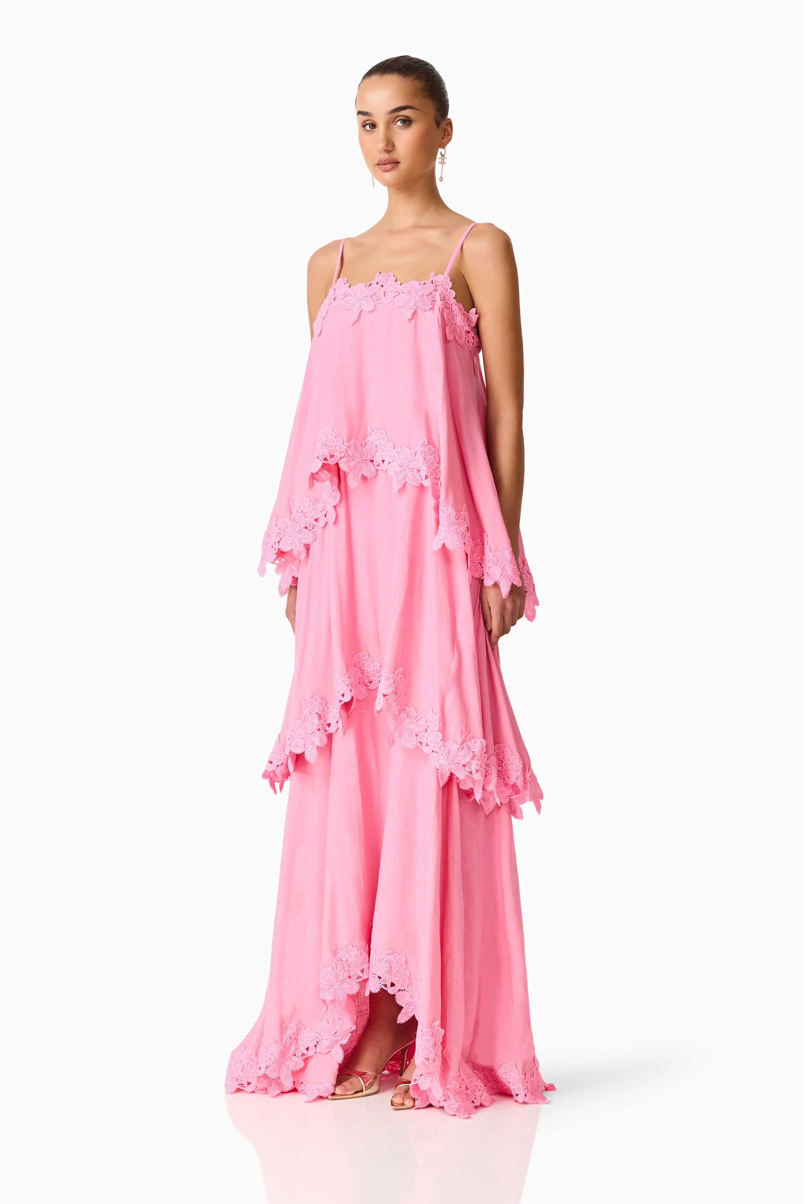 Miri Floral Tiered Sleeveless Linen Maxi Dress in Pink