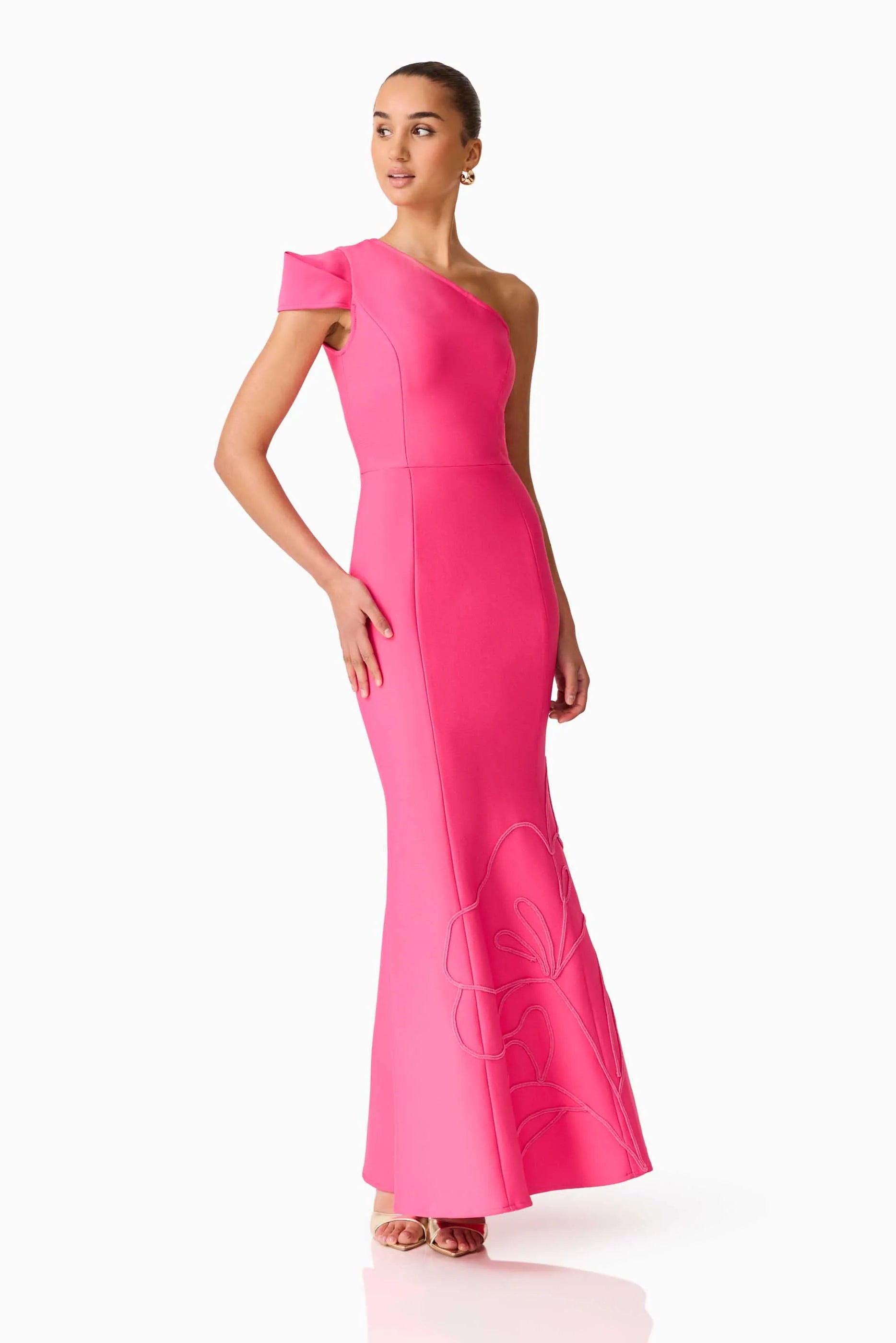 Opline One Shoulder Floral Maxi Dress in Pink