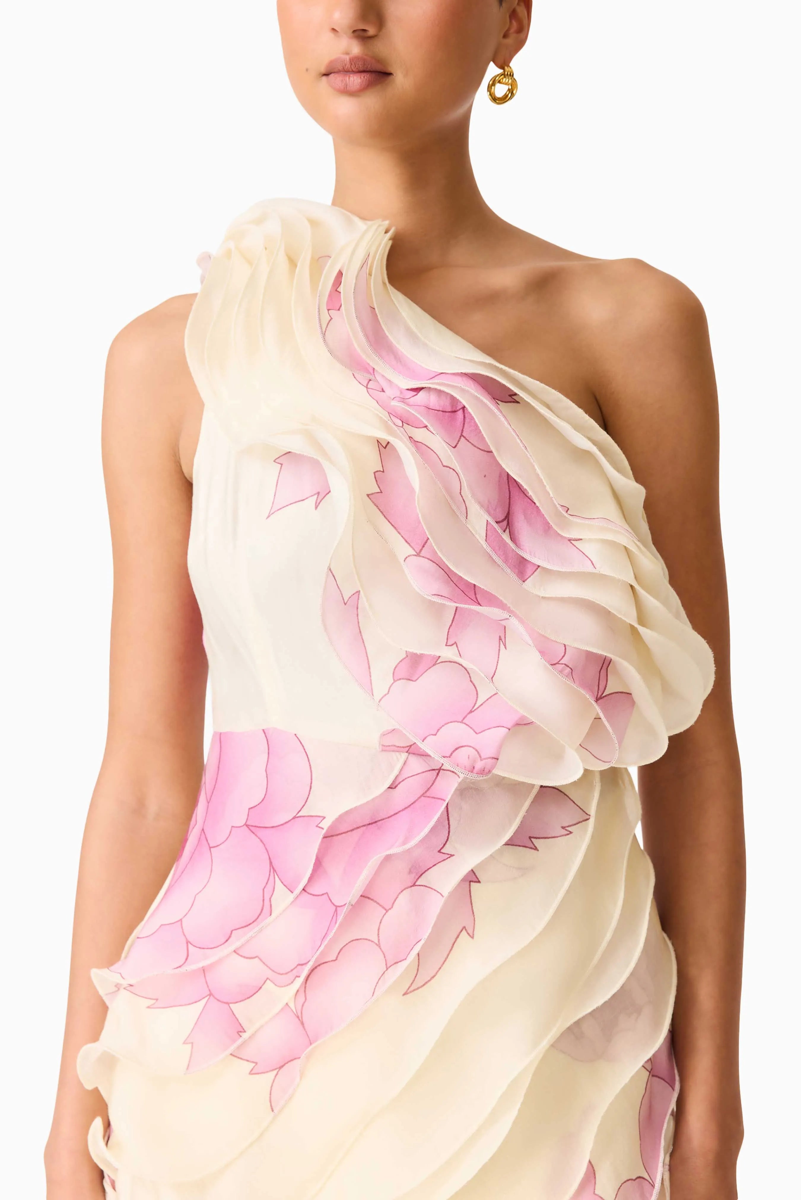 Rova One Shoulder Floral Mini Dress in Cream