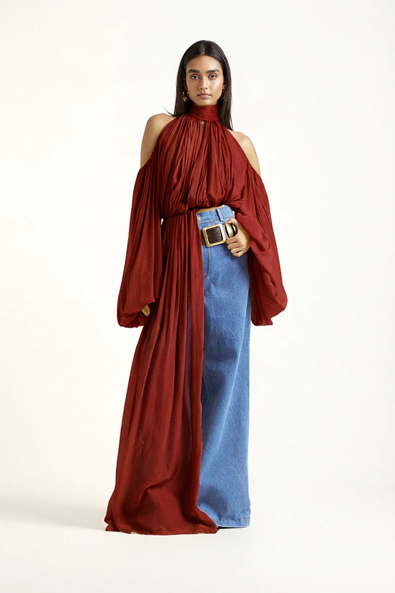 Sage Shoulder Cut Out Chiffon Top in Red