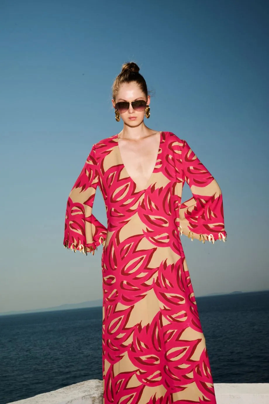 Ismene Sabra V Neck Silk Kaftan in Pink