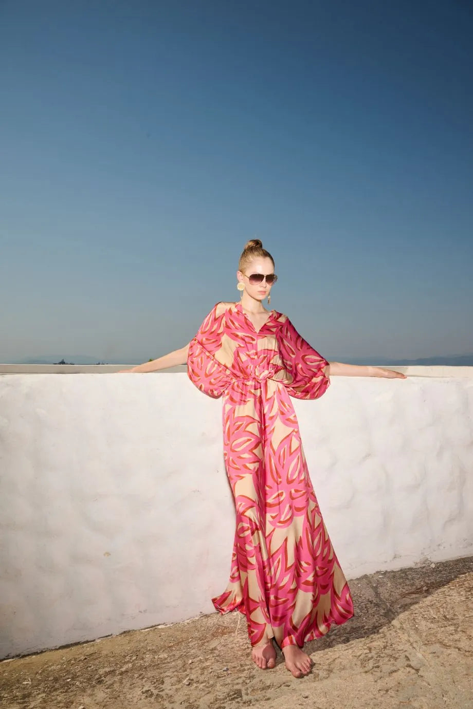 Ismene Puff Sleeves Silk Maxi Dress in Pink