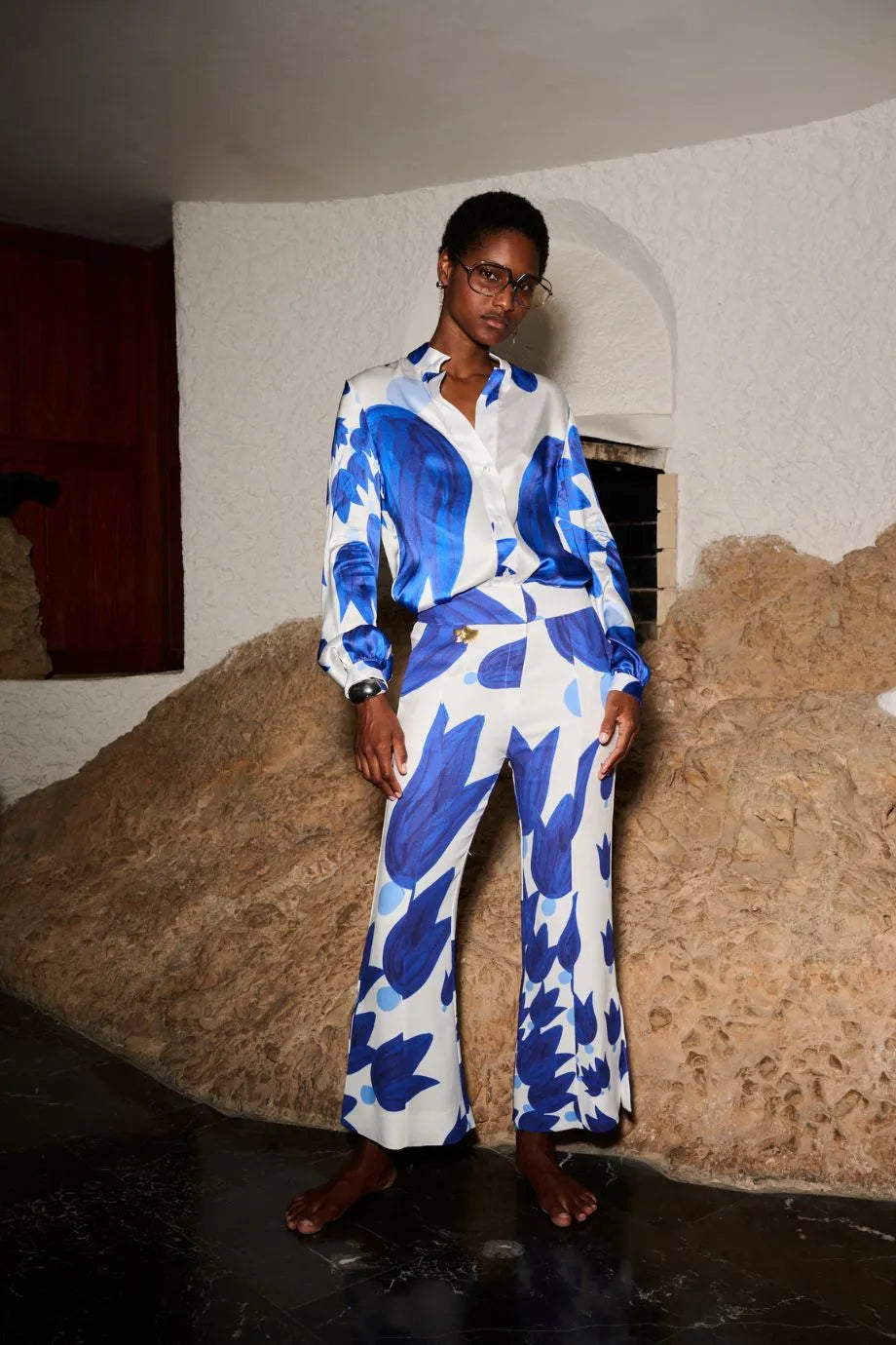 Theano Sabra Silk Wide Legged Trousers in Blue and White