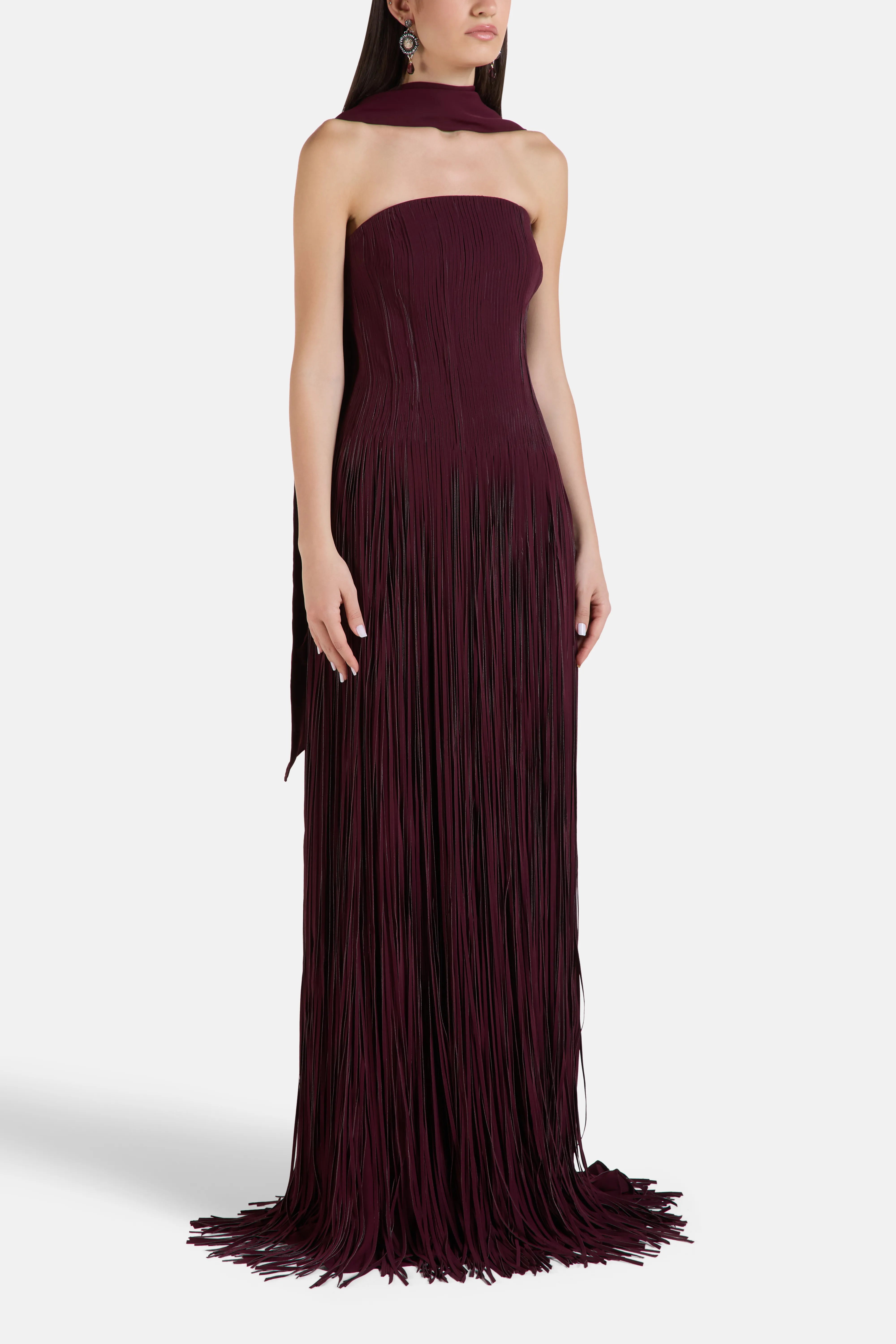 Strapless Crepe Corset Cape Evening Gown in Maroon