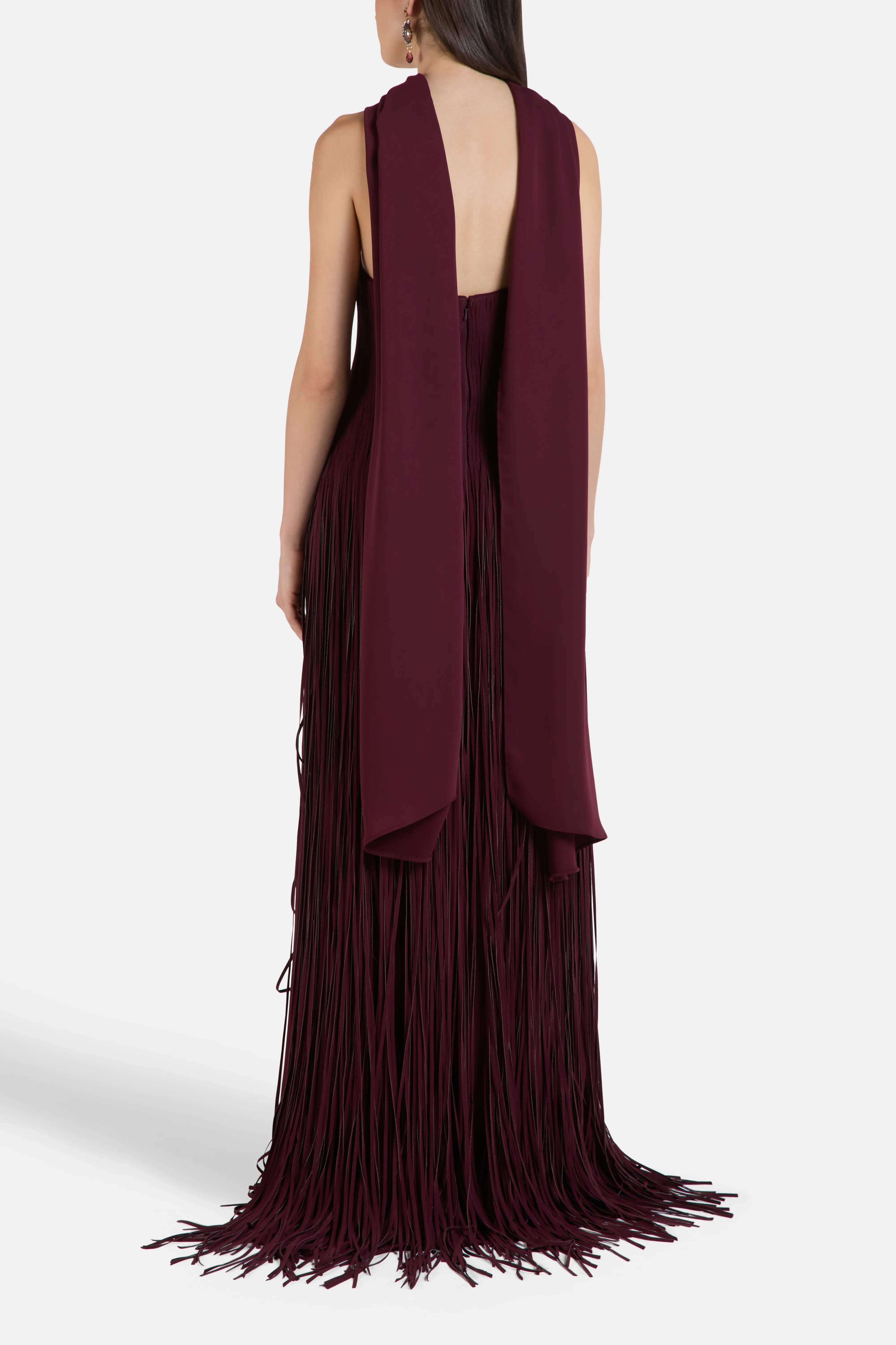 Strapless Crepe Corset Cape Evening Gown in Maroon
