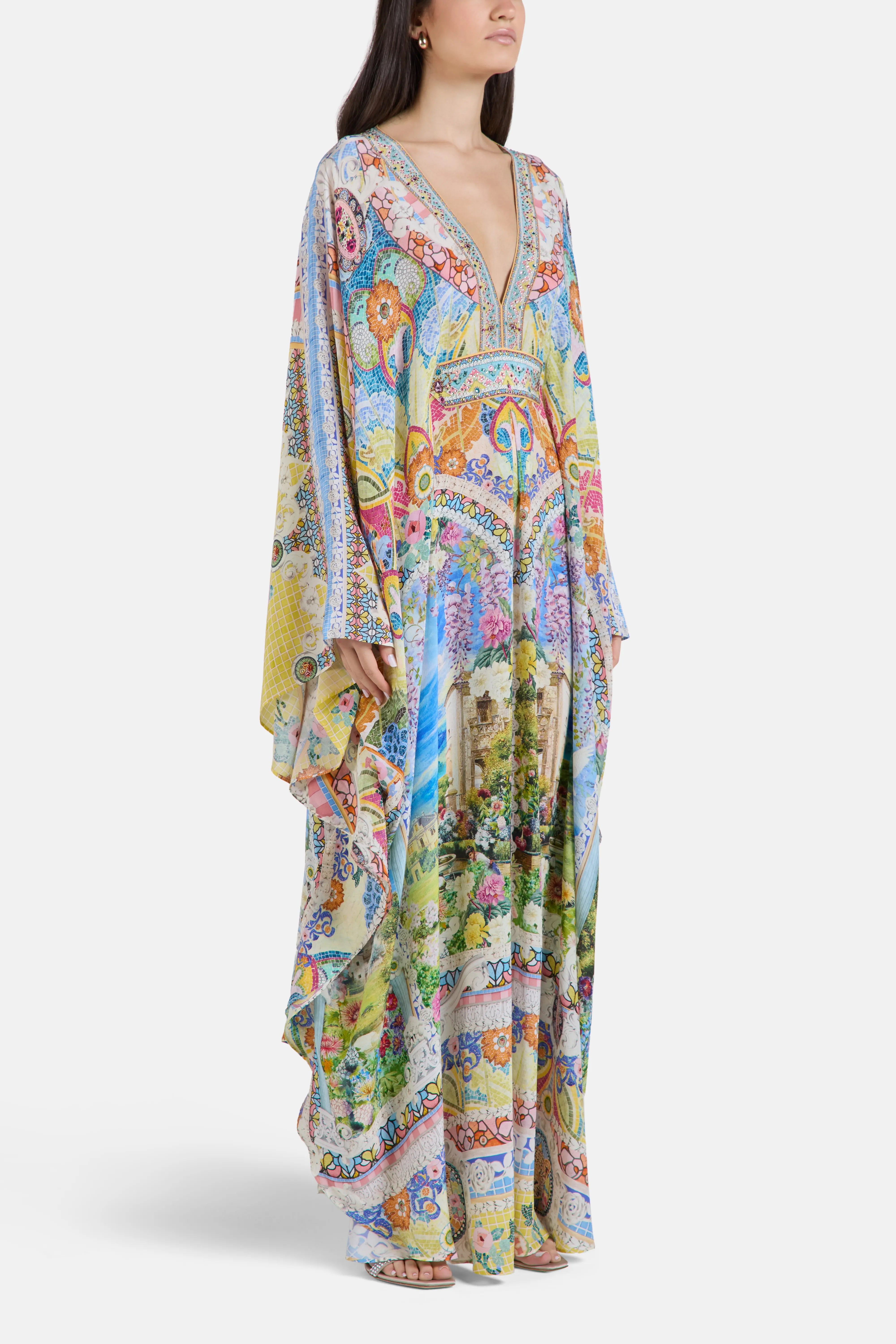 Navas Nouveau Waist Detail Floral Kaftan in White
