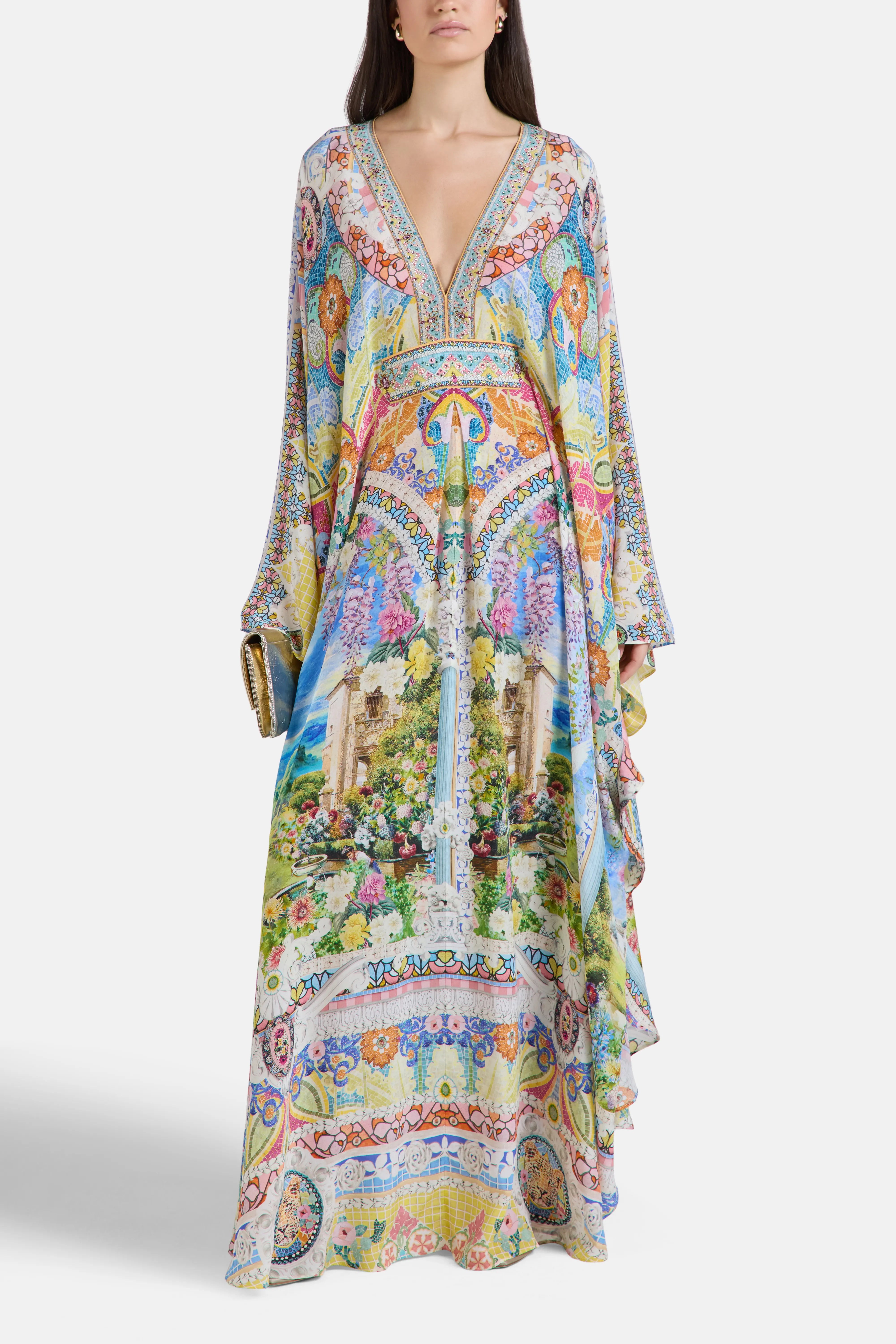 Navas Nouveau Waist Detail Floral Kaftan in White