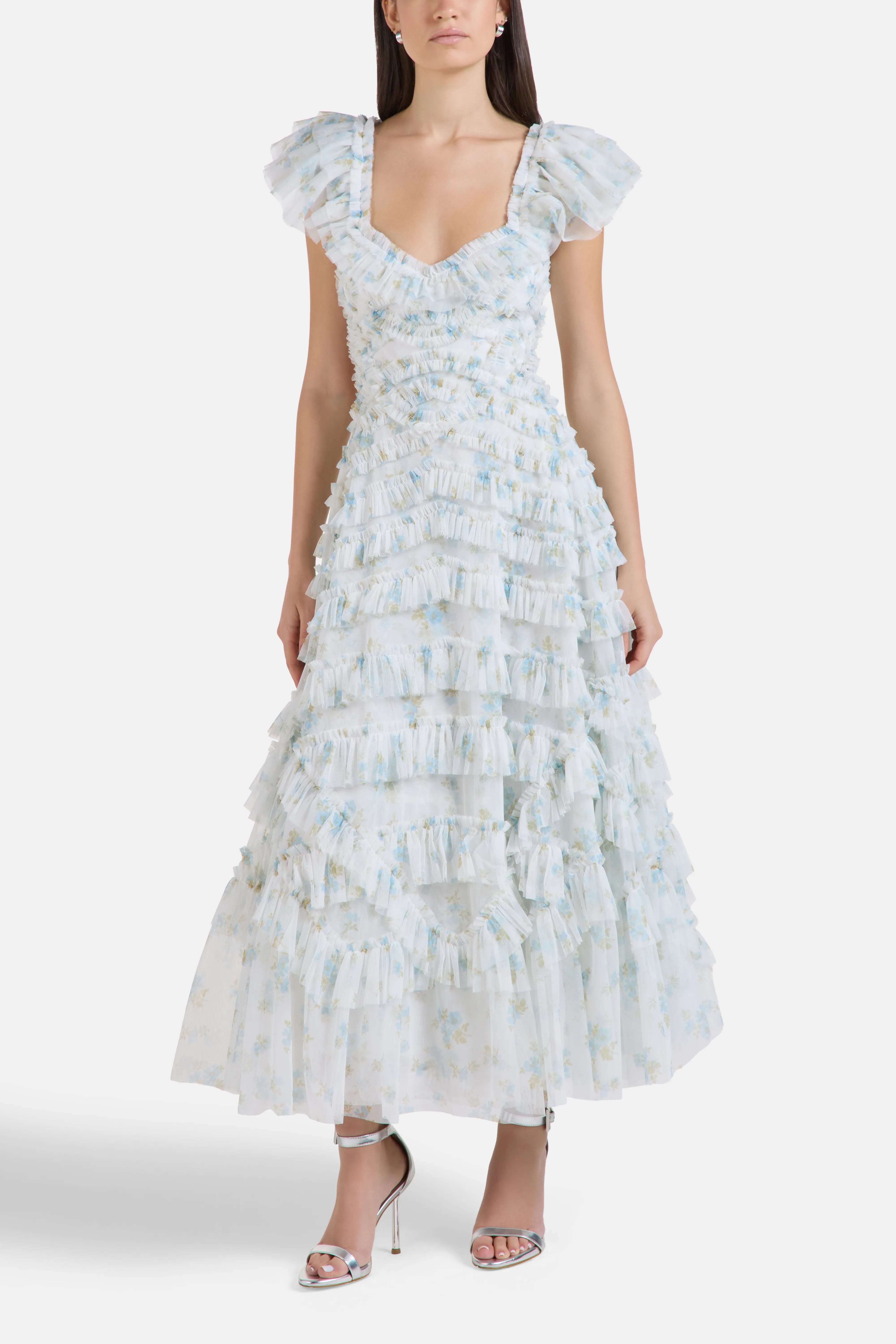 Magnolia Ditsy Lola Ballerina Floral Ruffles Evening Dress in Blue