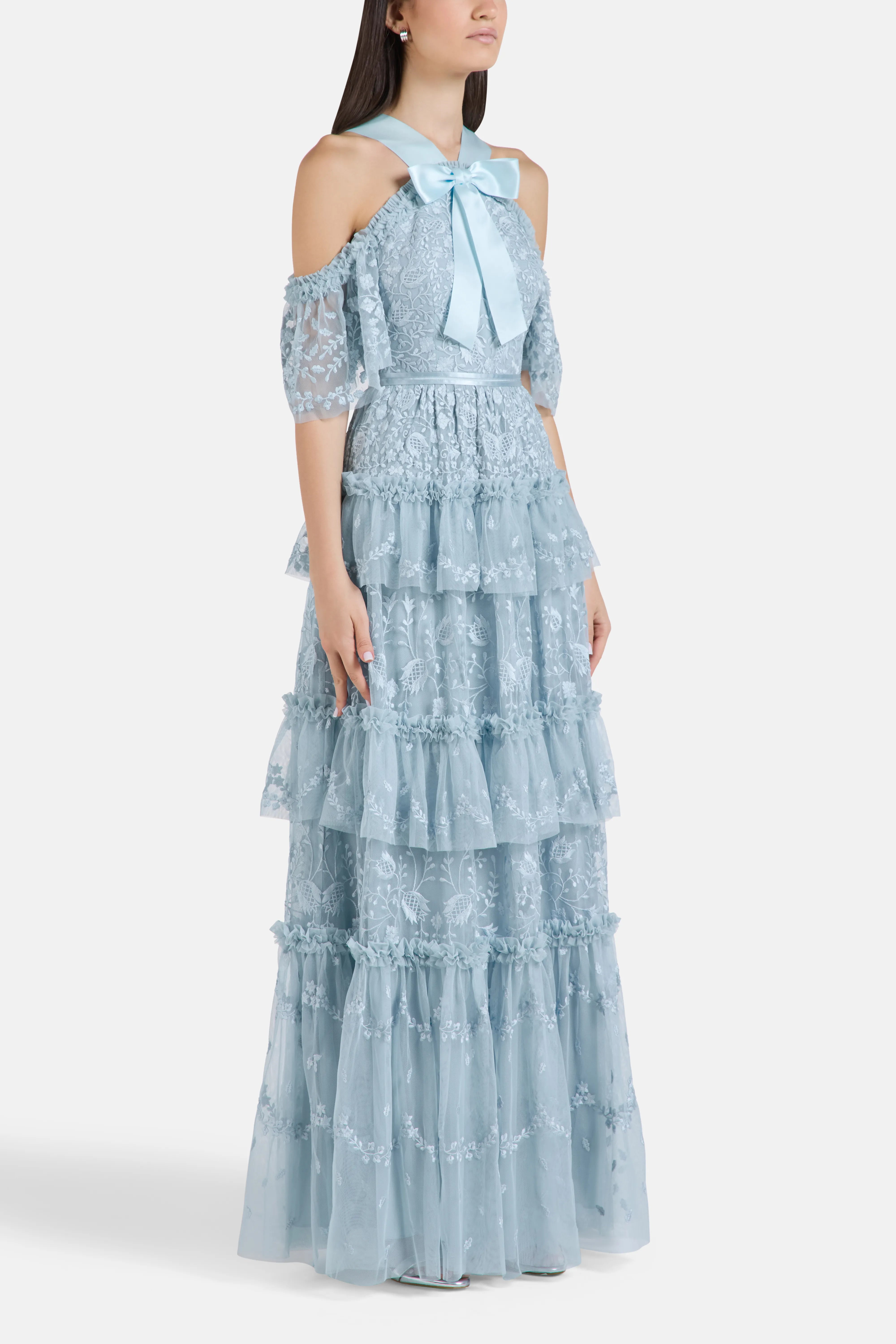 Primrose Ruffles Floral Evening Dress in Blue