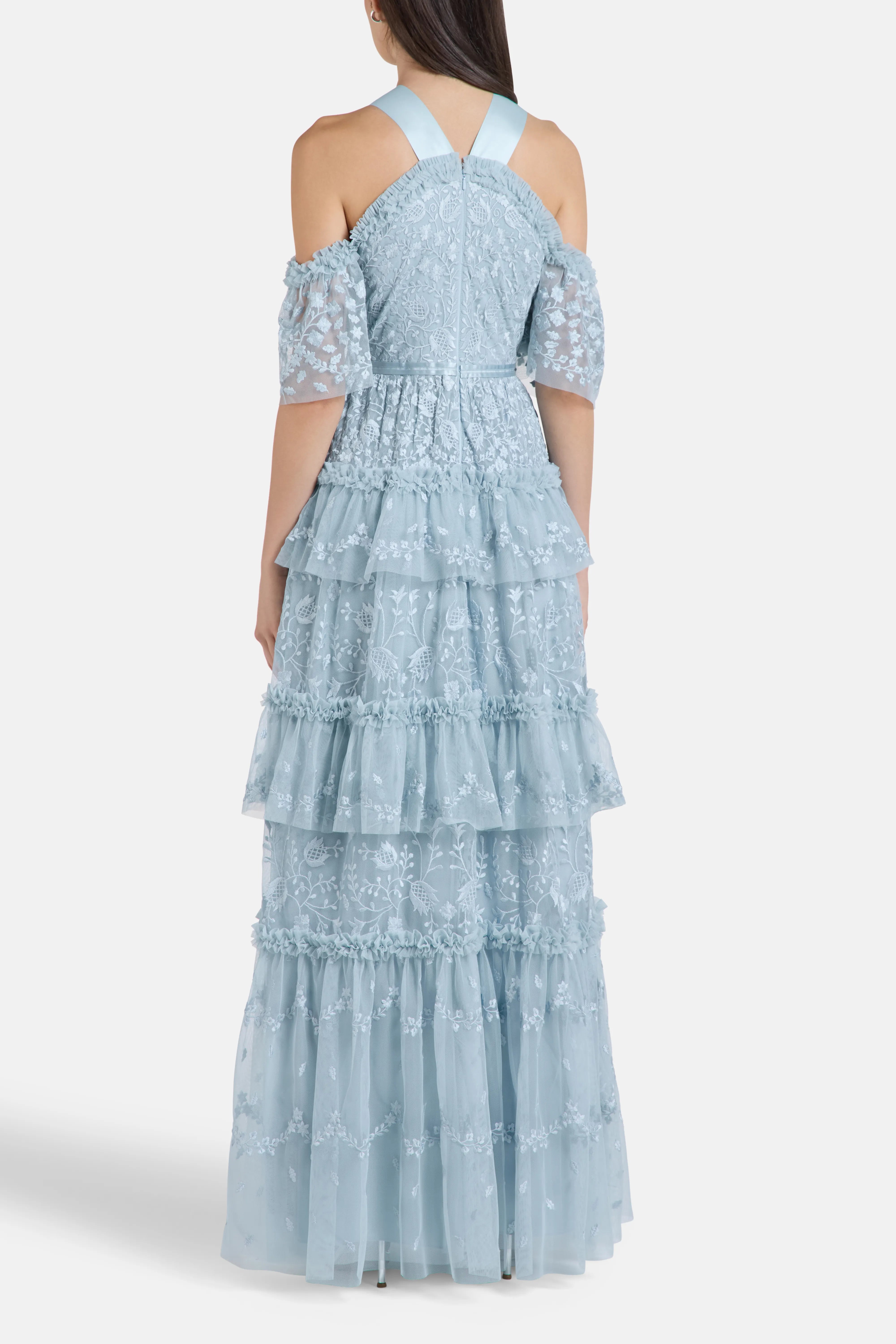 Primrose Ruffles Floral Evening Dress in Blue