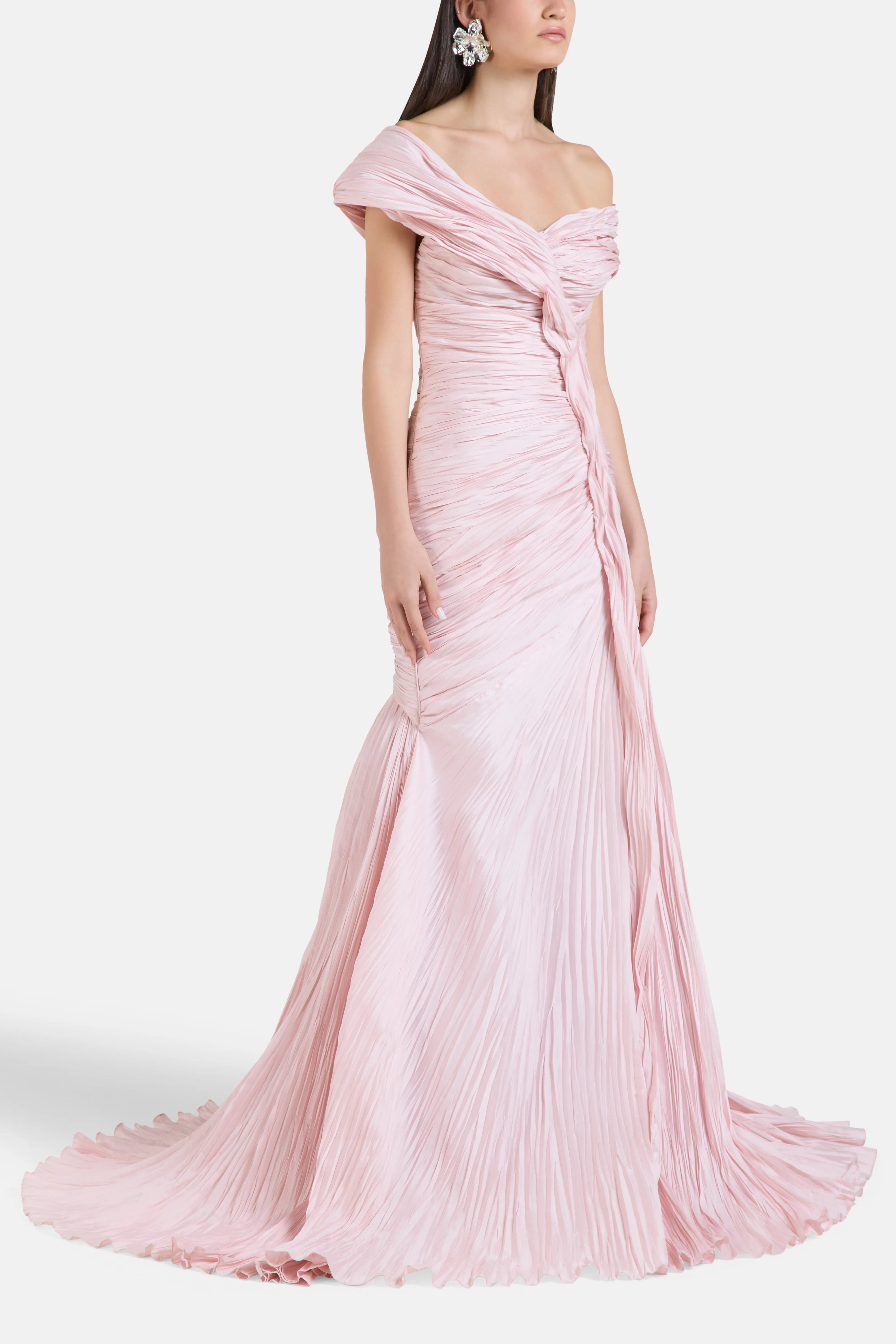 Fishtail Off Shoulder Evenig Gown in Pink
