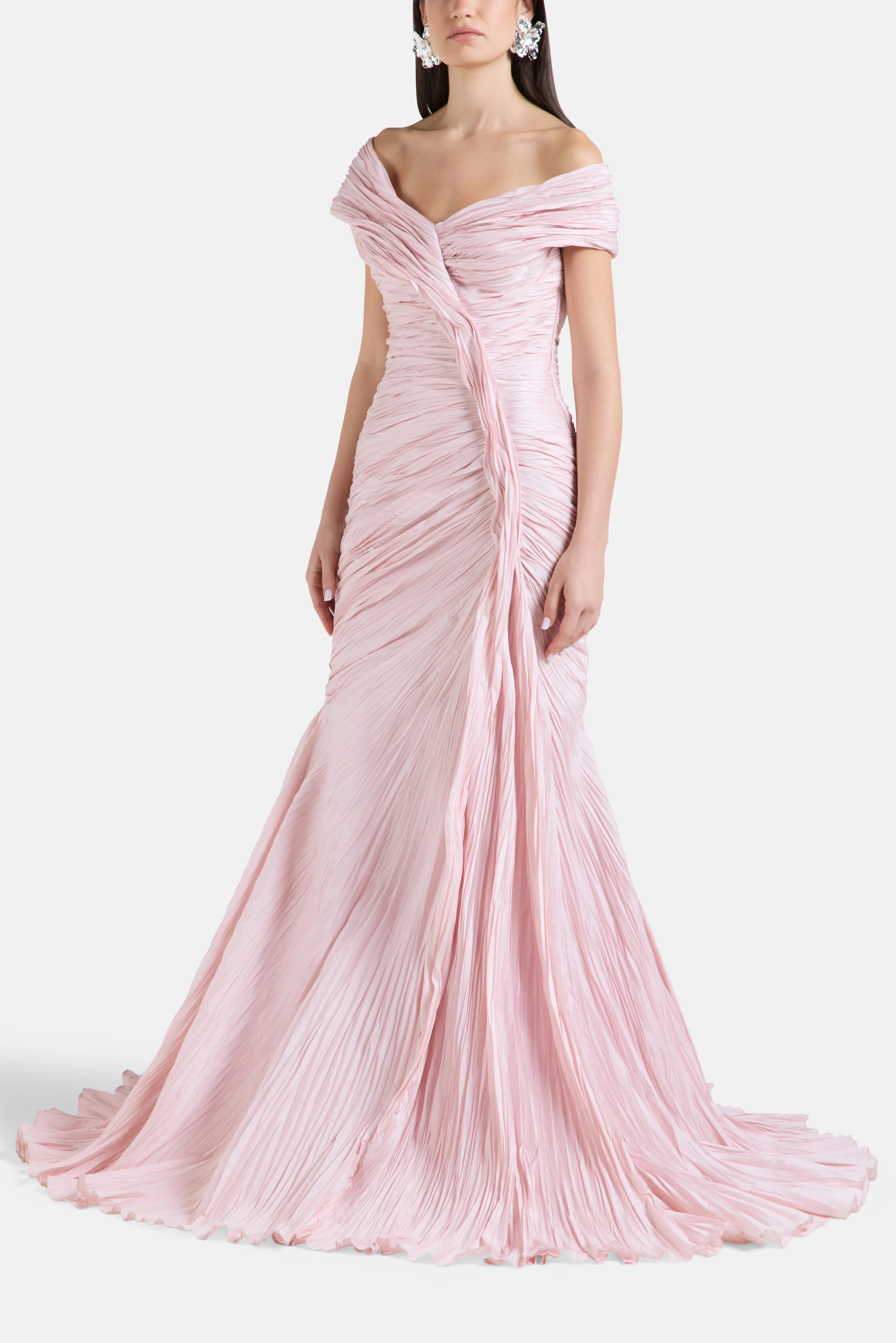 Fishtail Off Shoulder Evenig Gown in Pink
