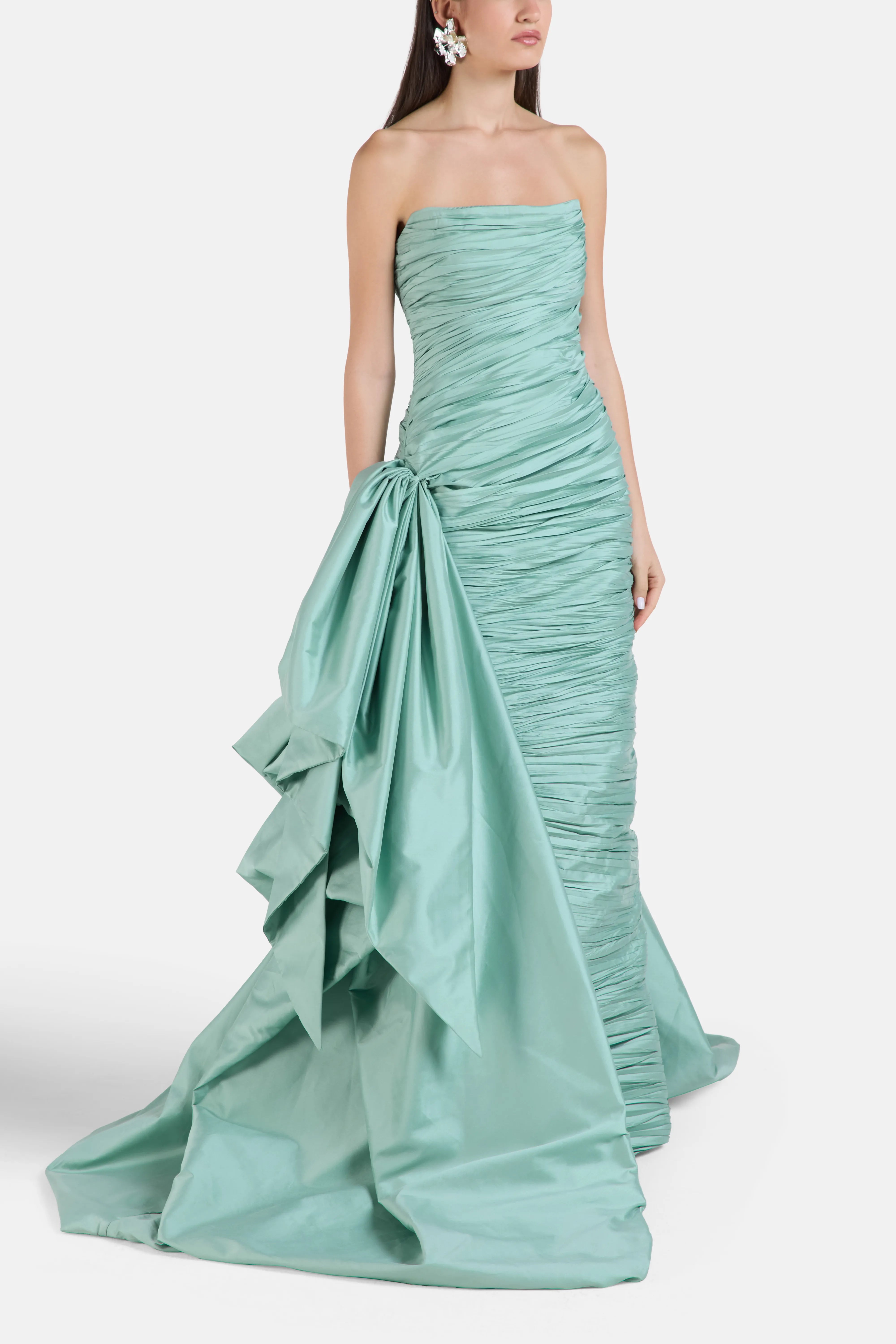 Strapless Evening Gown in Green with Side Train