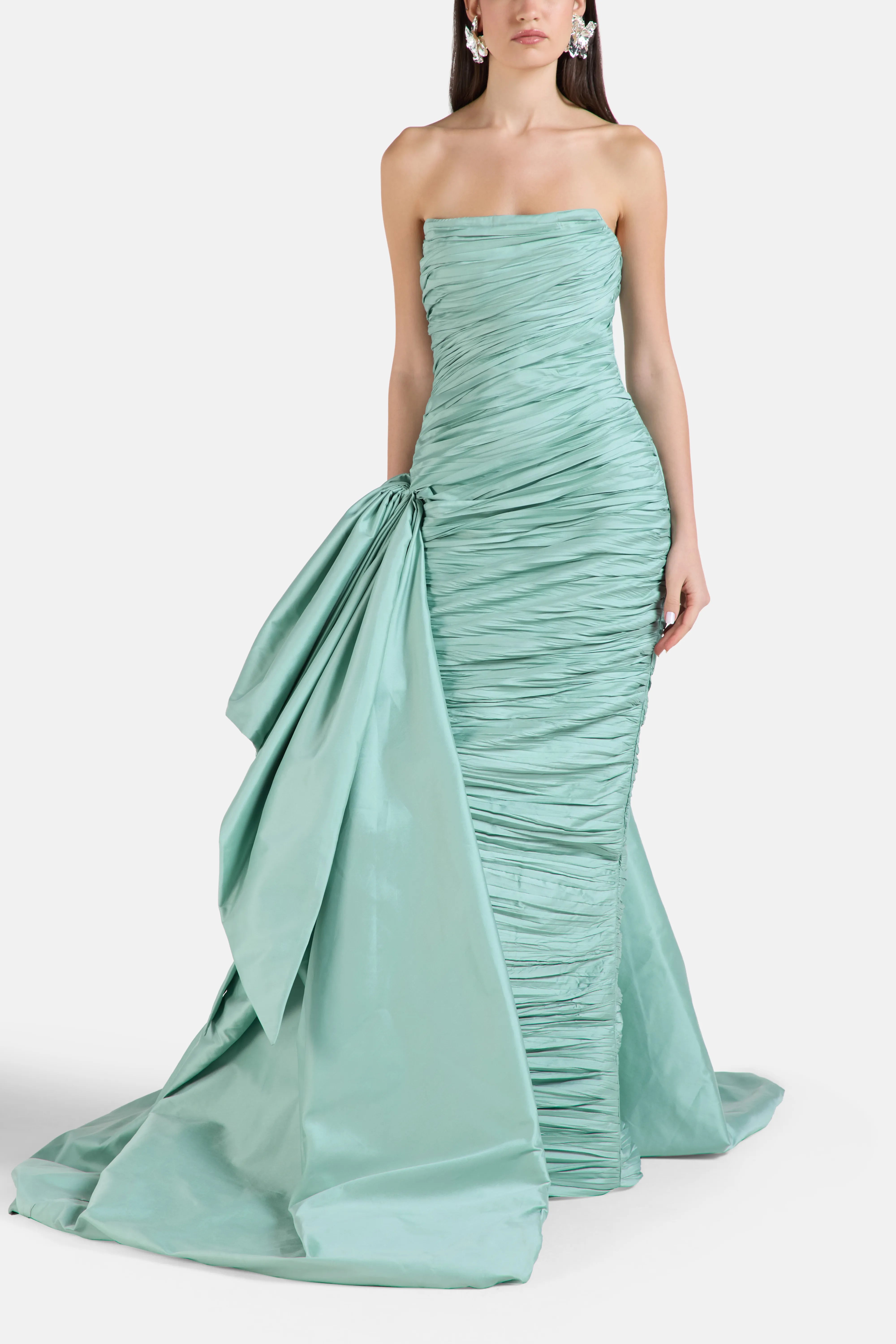 Strapless Evening Gown in Green with Side Train