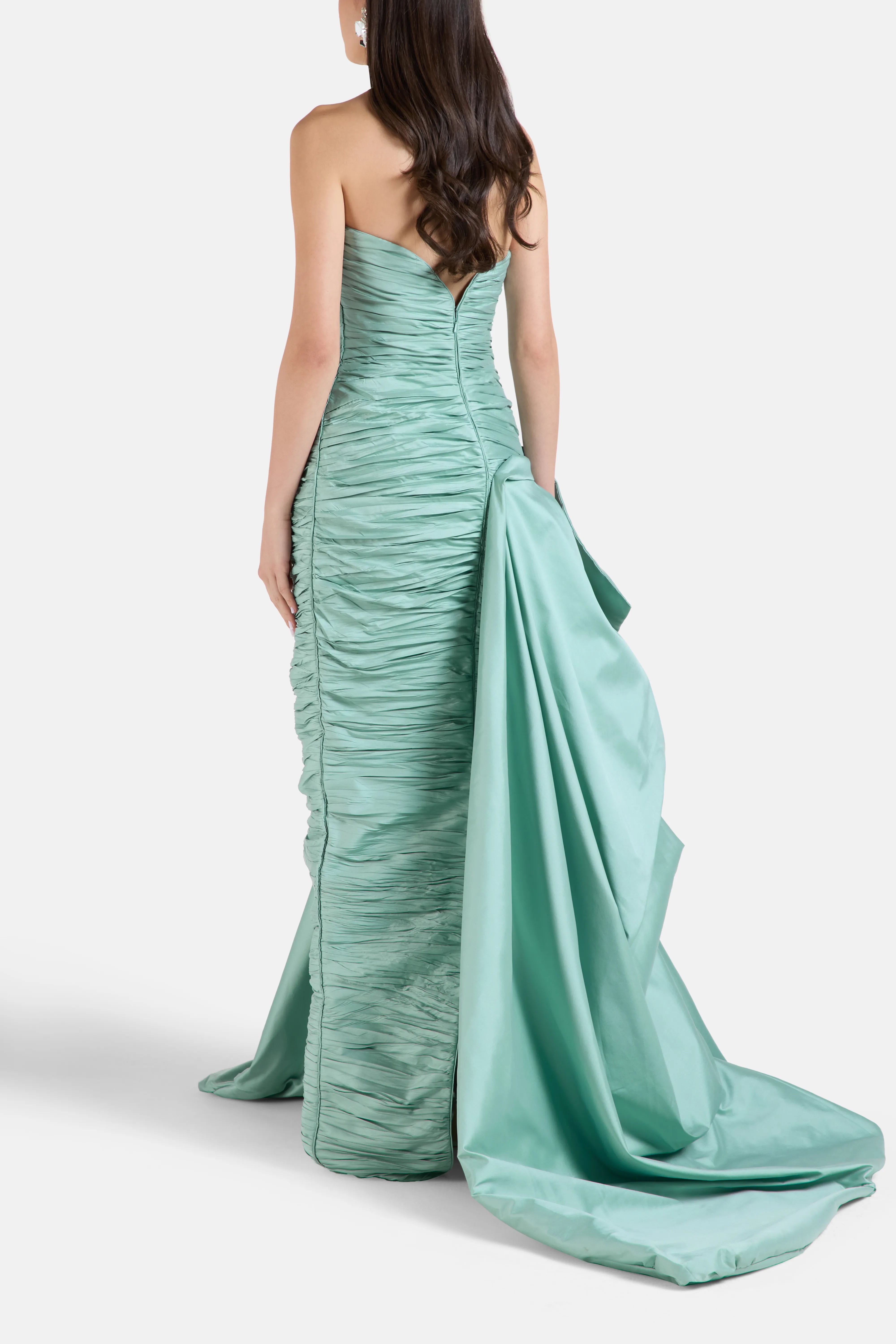 Strapless Evening Gown in Green with Side Train