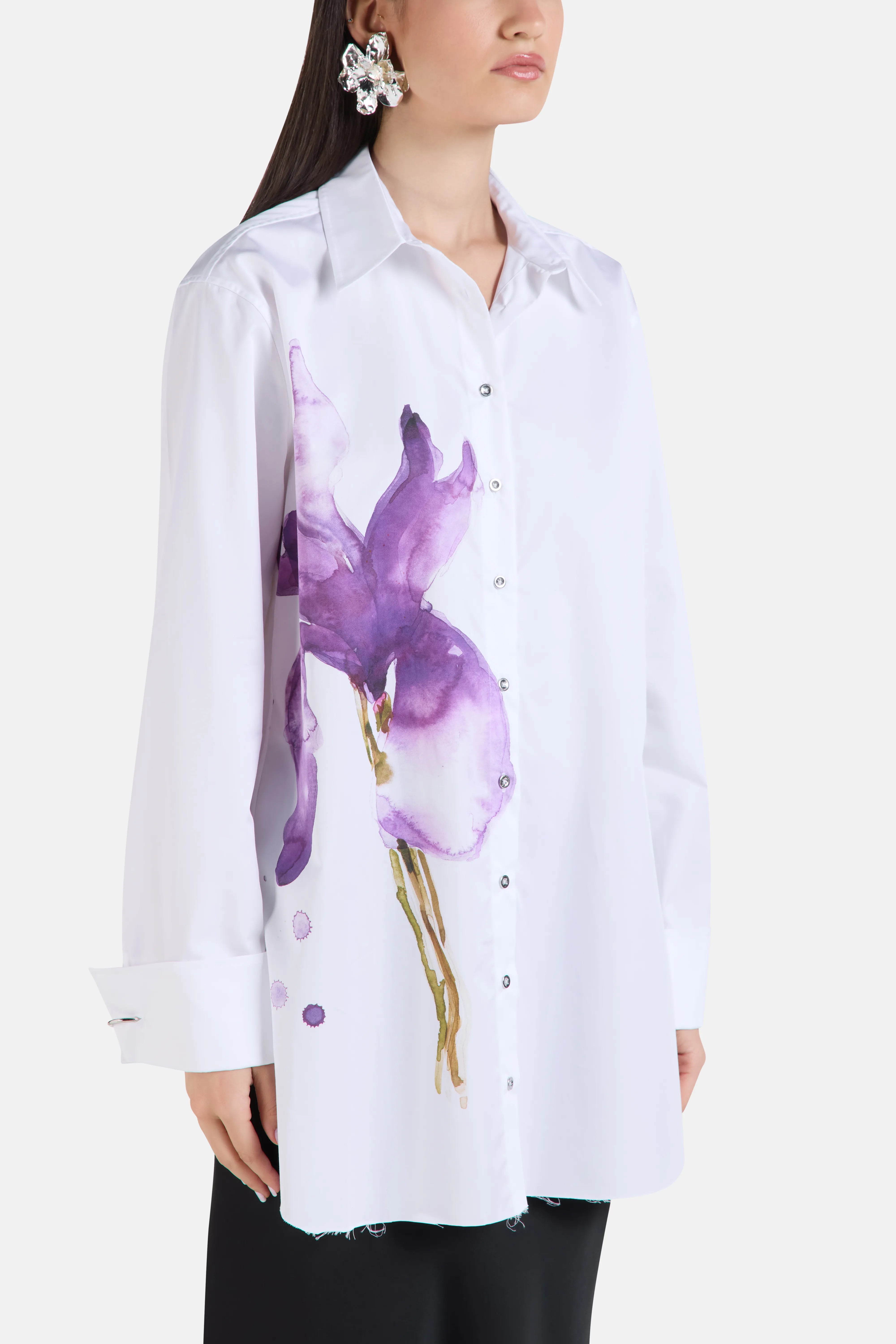 Watercolor Floral Cuff Metal Ring Printed Shirt in White