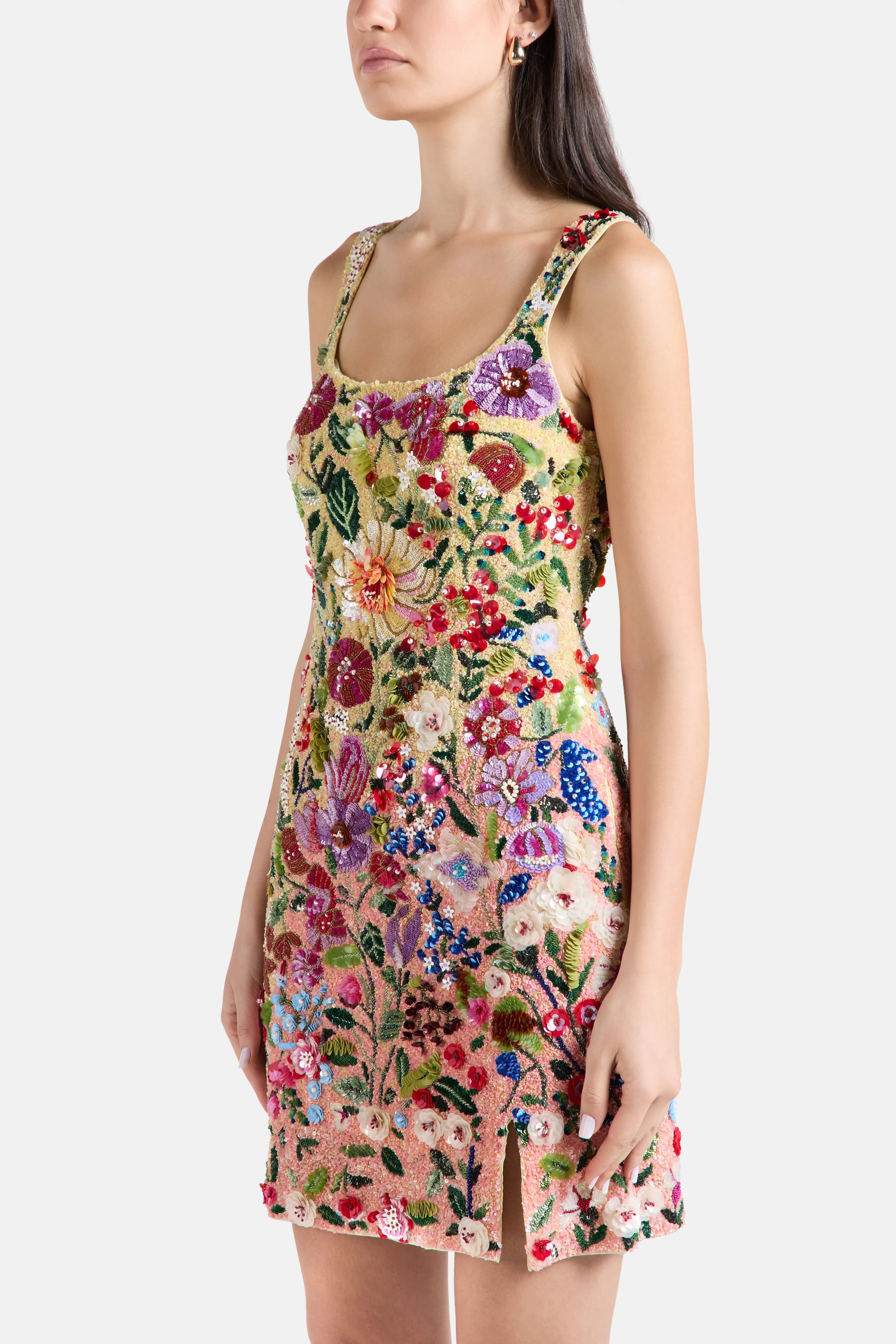 Botanical Symphony Floral Sleeveless Sequins Mini Dress in Pink