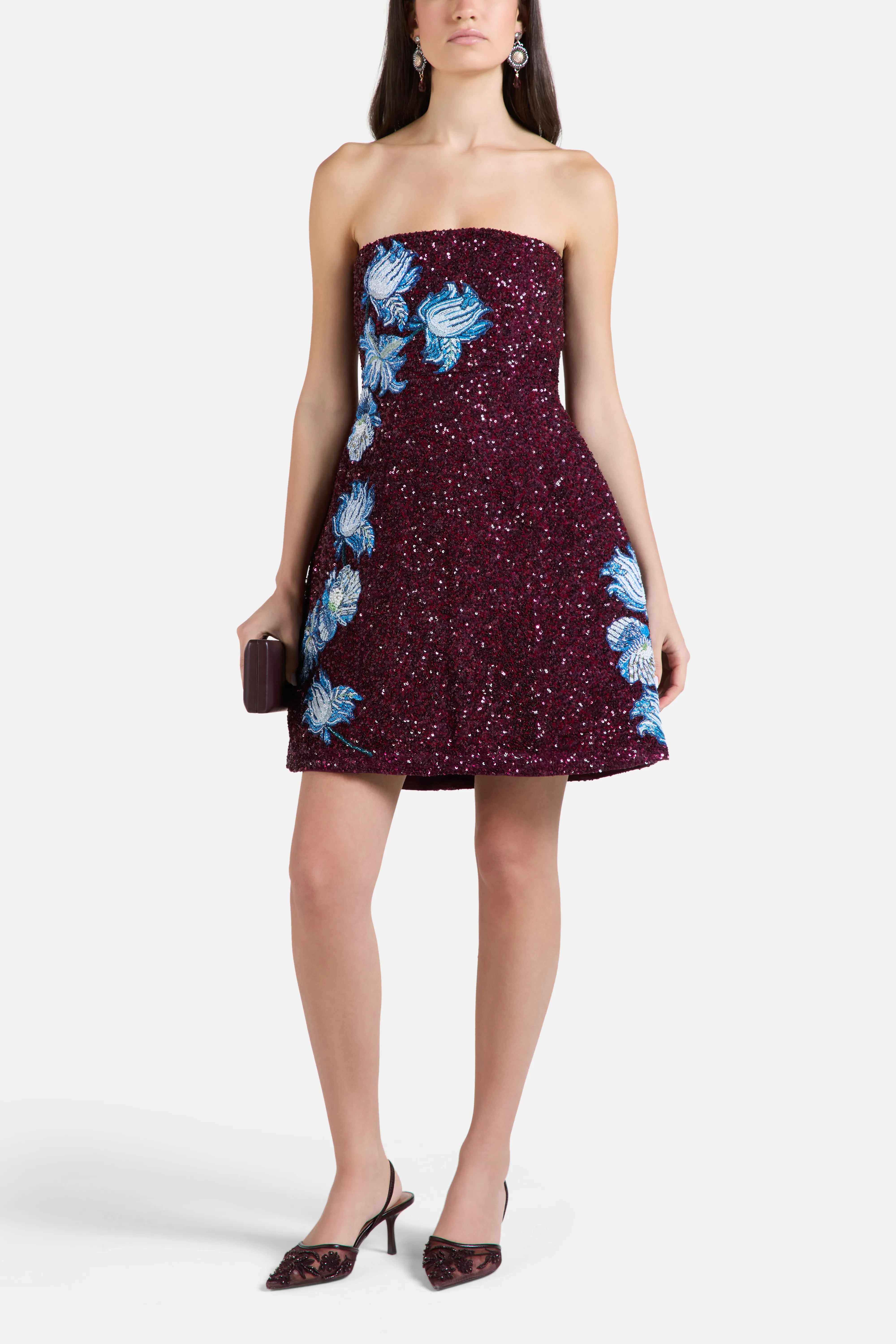 Floral Embroidered Strapless Sequins Mini Dress in Burgundy