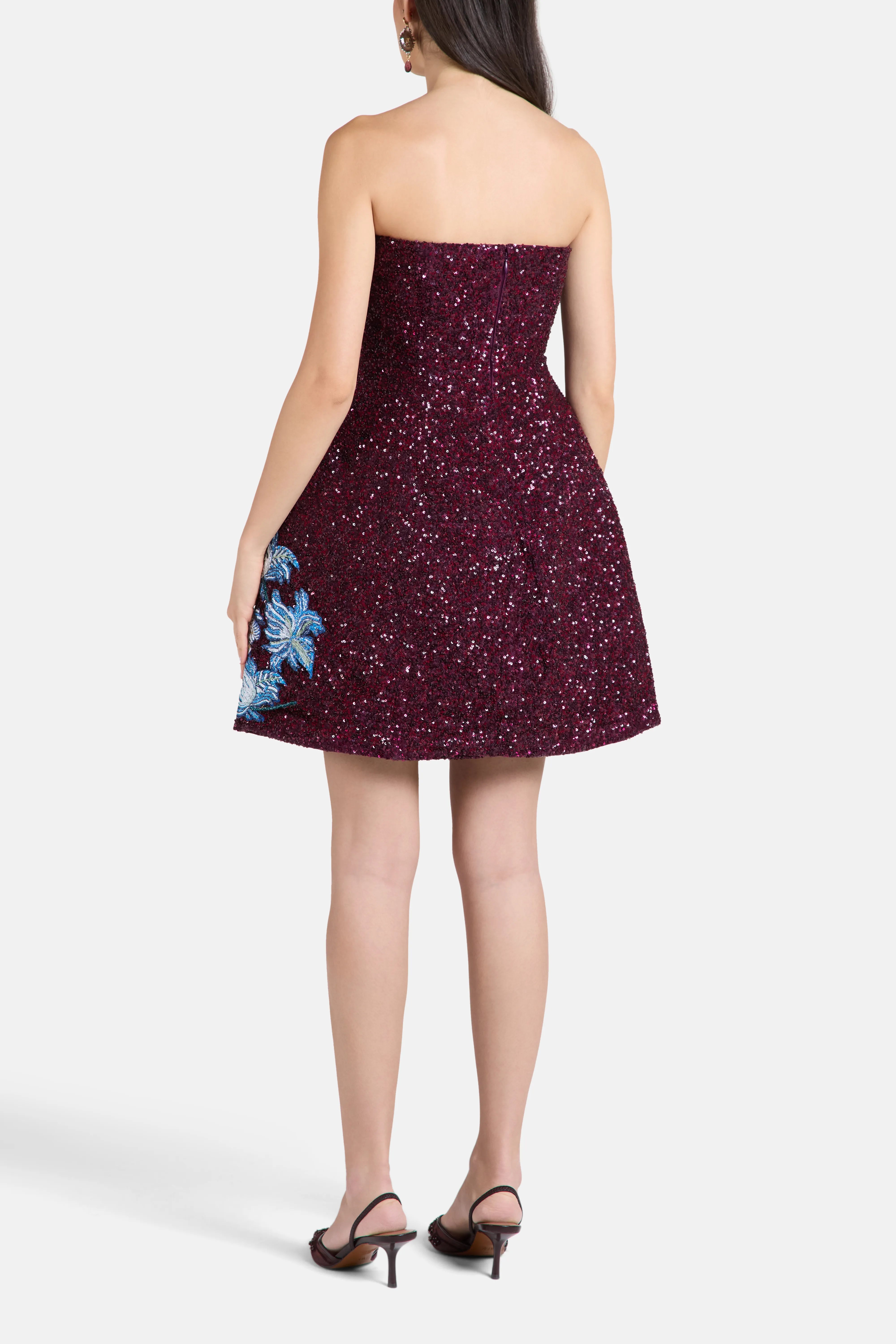 Floral Embroidered Strapless Sequins Mini Dress in Burgundy