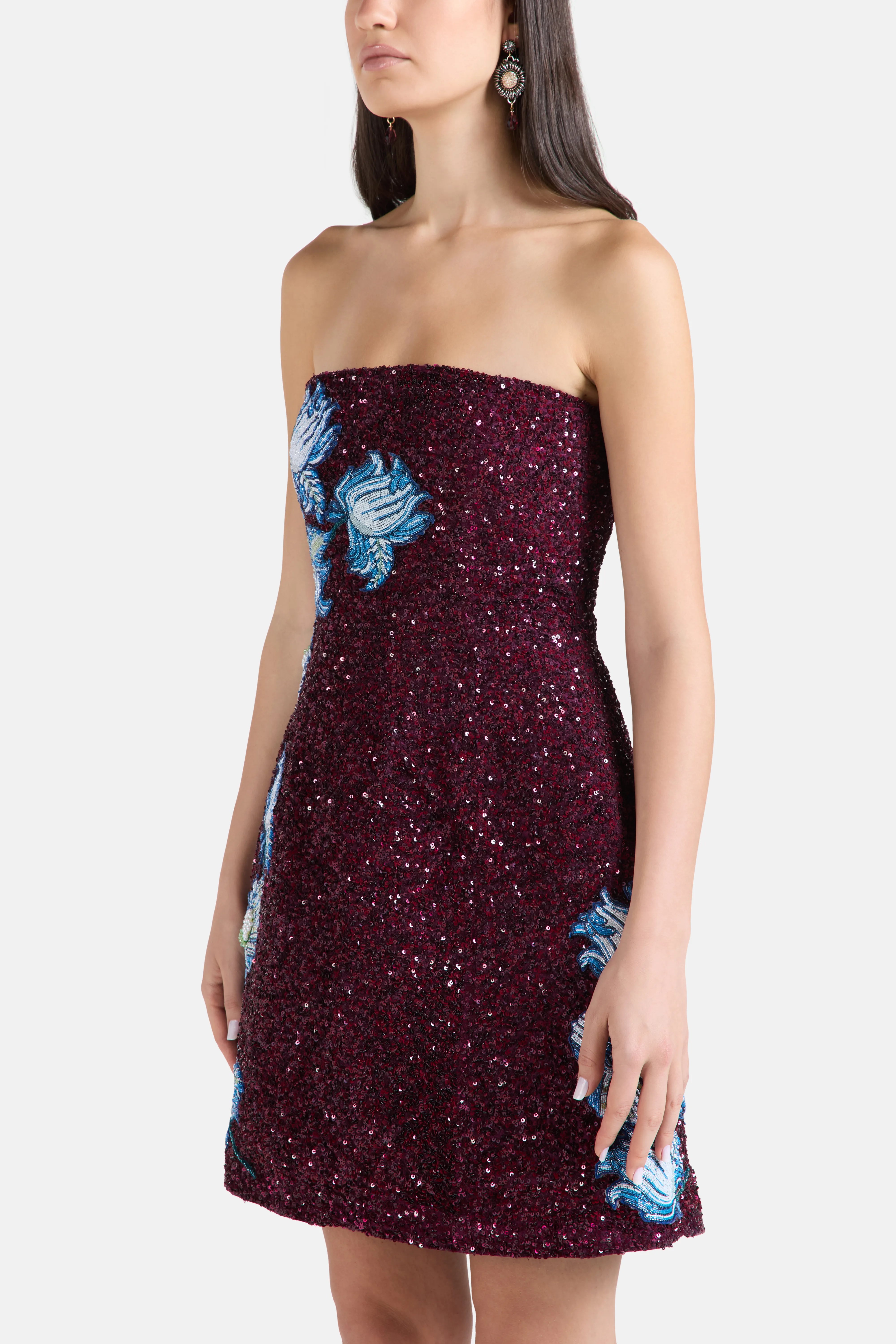 Floral Embroidered Strapless Sequins Mini Dress in Burgundy