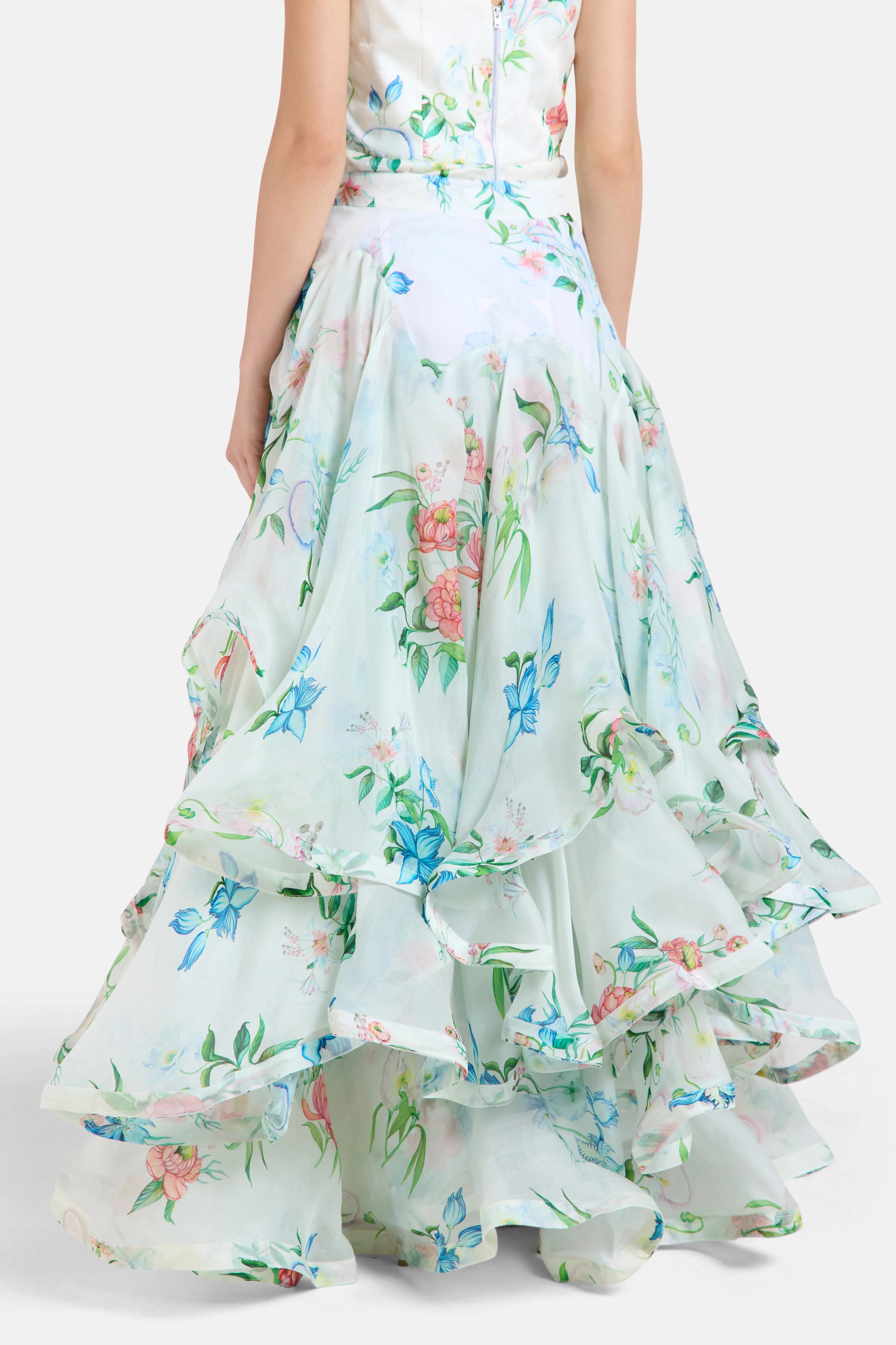 Petal Cascade Flounce Floral Maxi Skirt in White