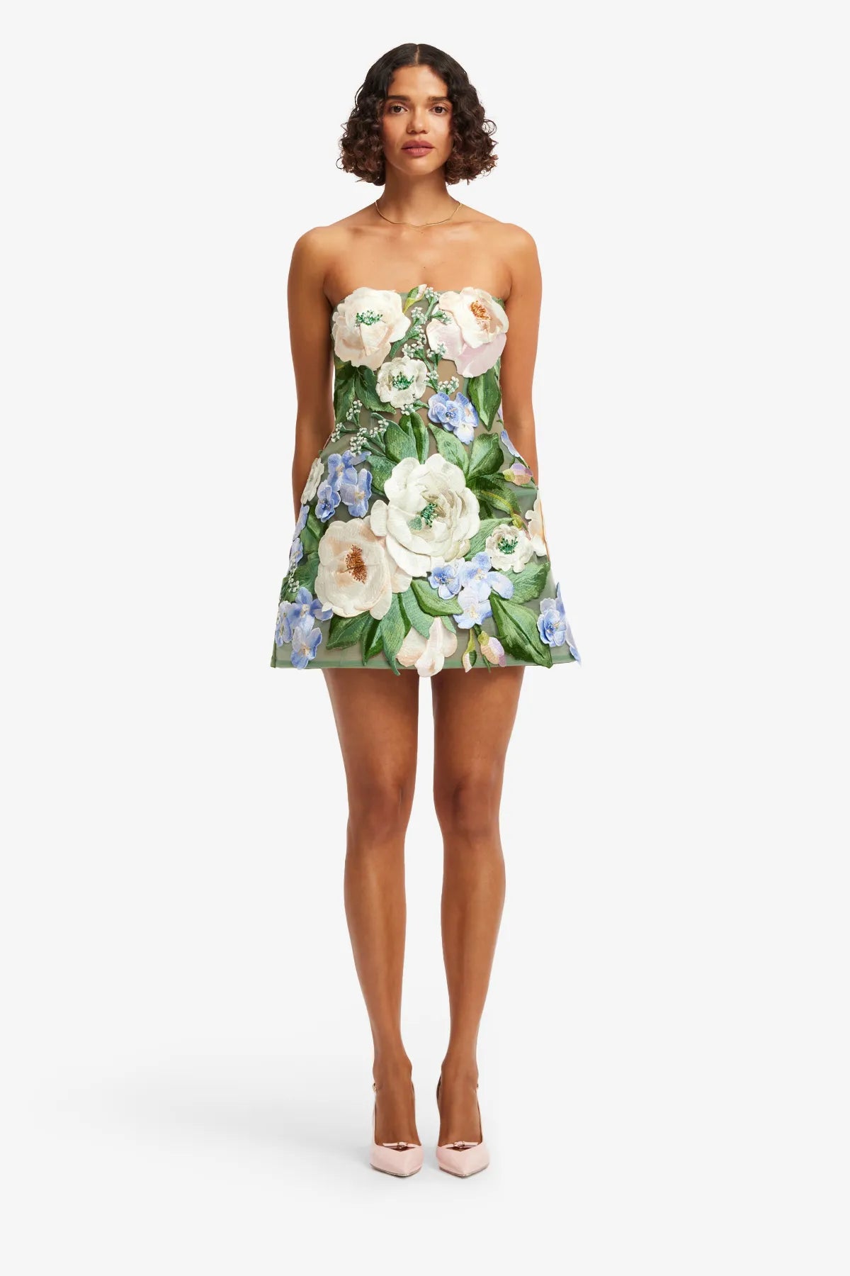 Roselle Hand-Embroidered Bustier Strapless Floral Mini Dress in Green