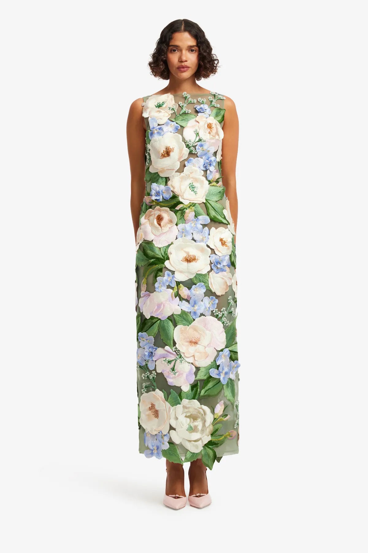 Fleur Hand-Embroidered Backless Sleeveless Floral Maxi Dress in Green