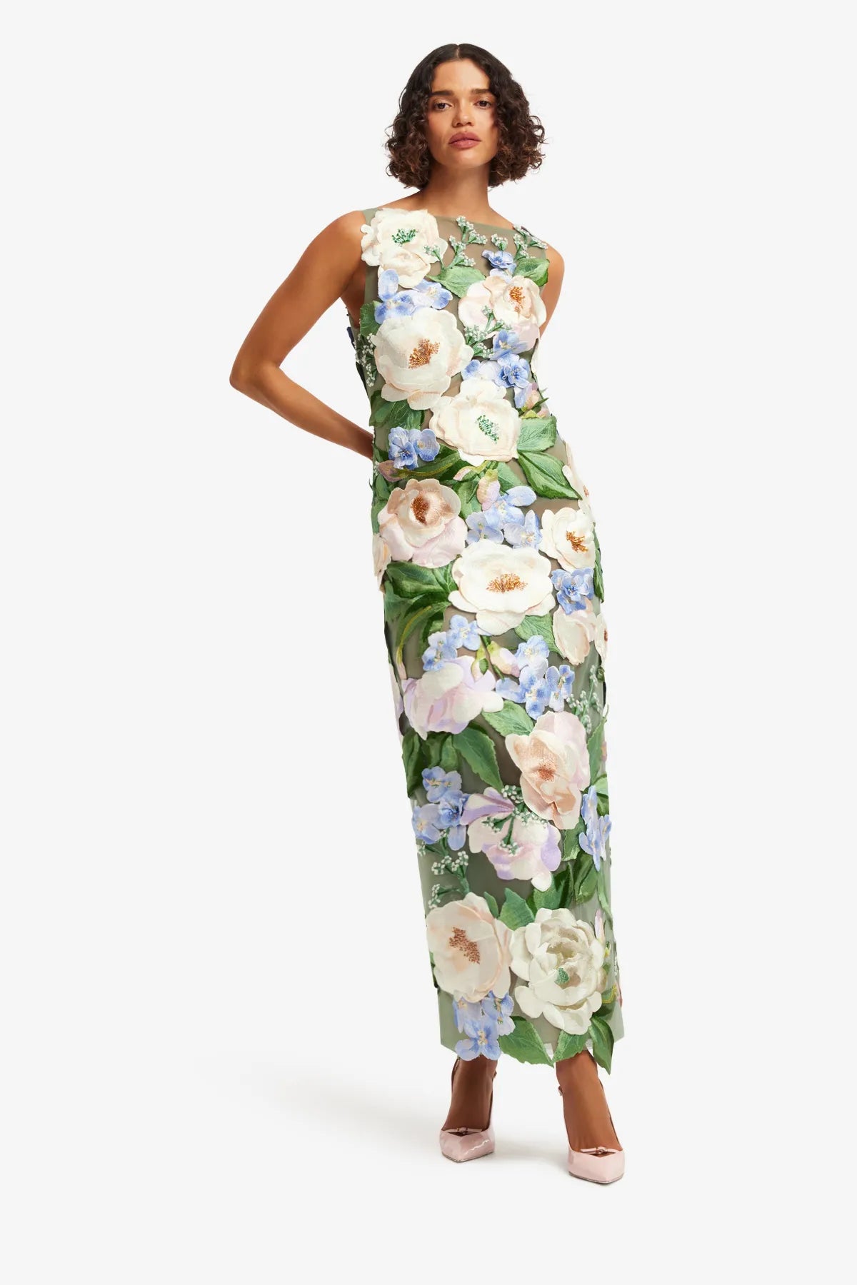 Fleur Hand-Embroidered Backless Sleeveless Floral Maxi Dress in Green