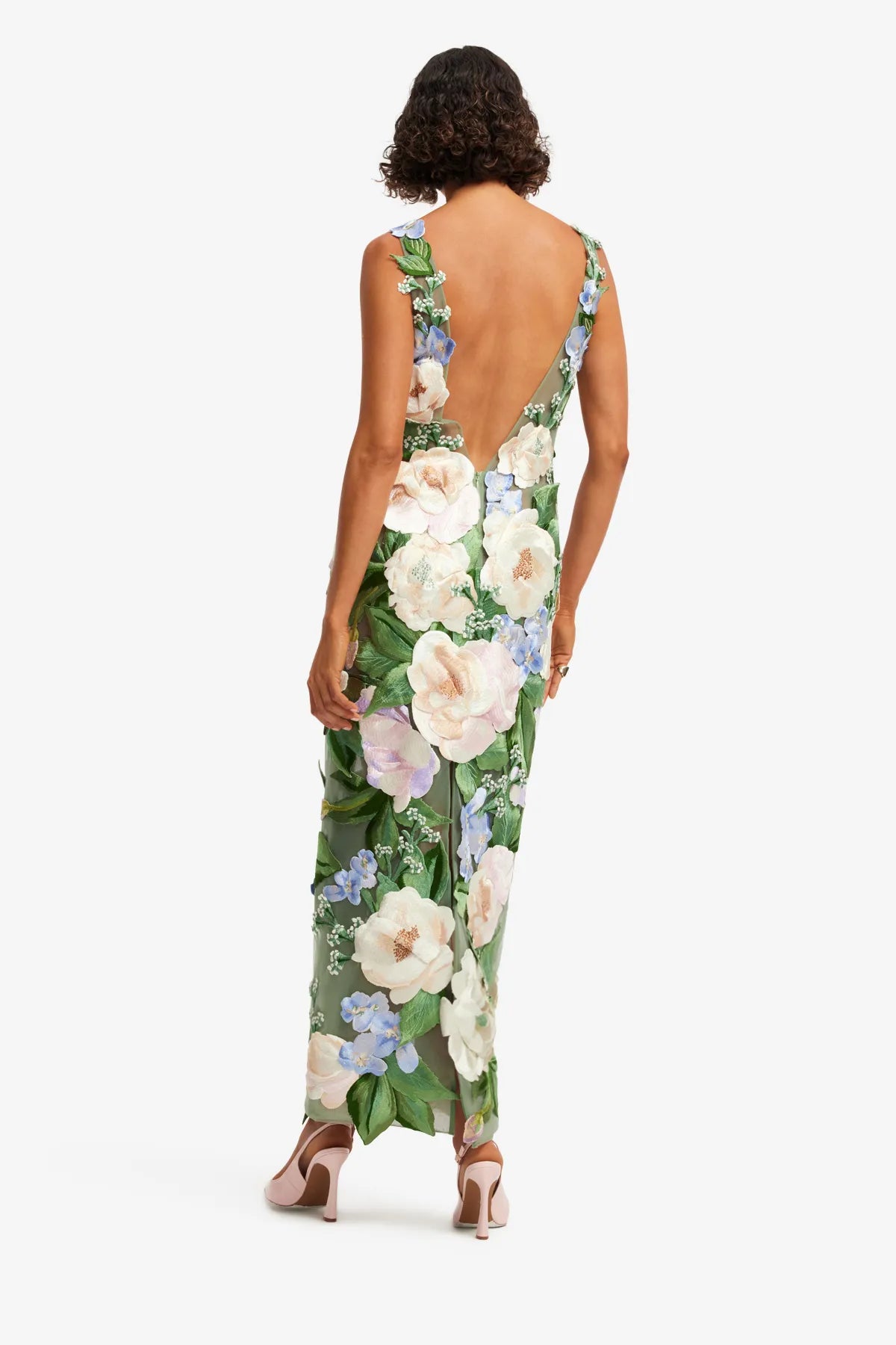 Fleur Hand-Embroidered Backless Sleeveless Floral Maxi Dress in Green
