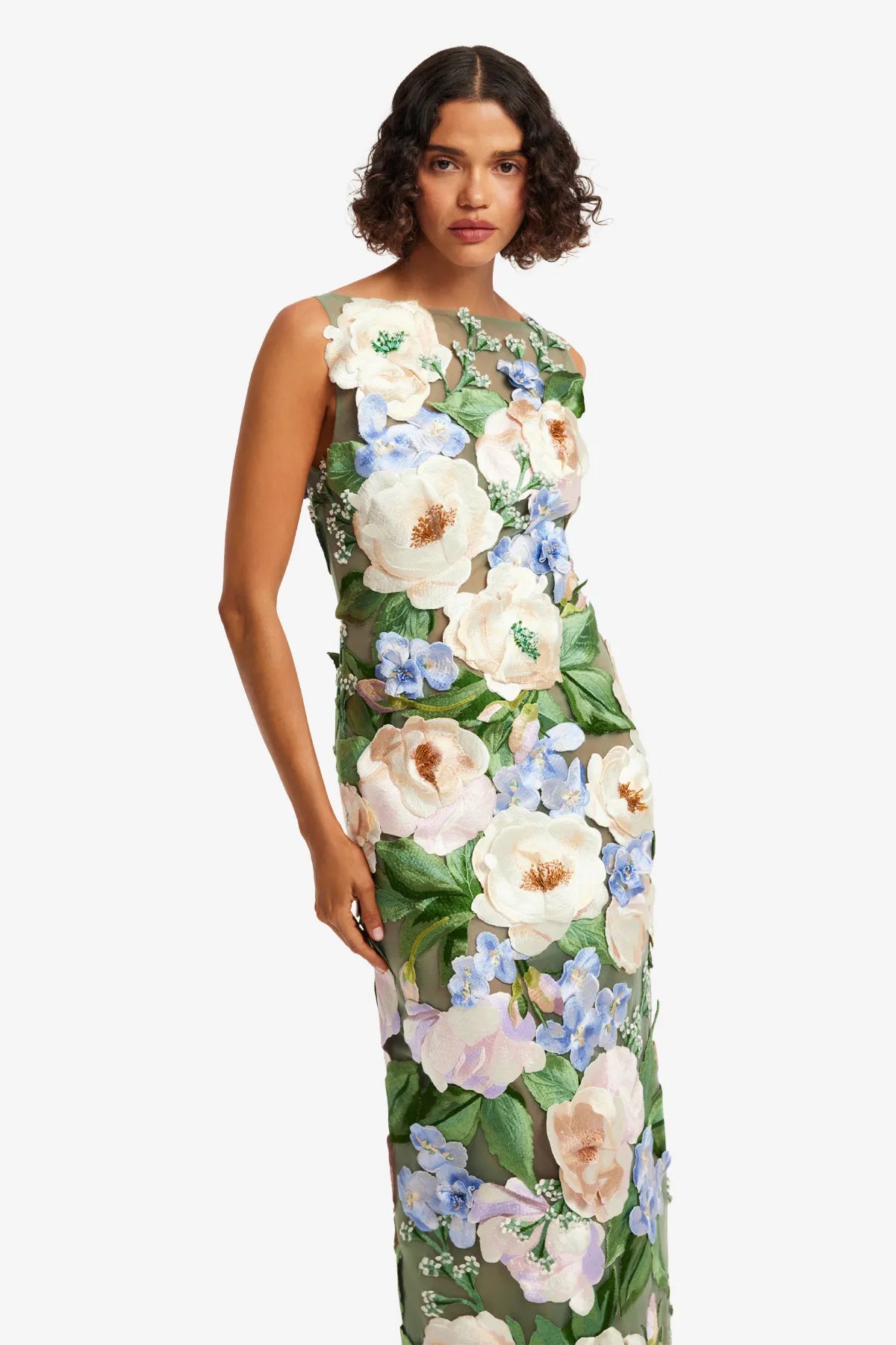 Fleur Hand-Embroidered Backless Sleeveless Floral Maxi Dress in Green