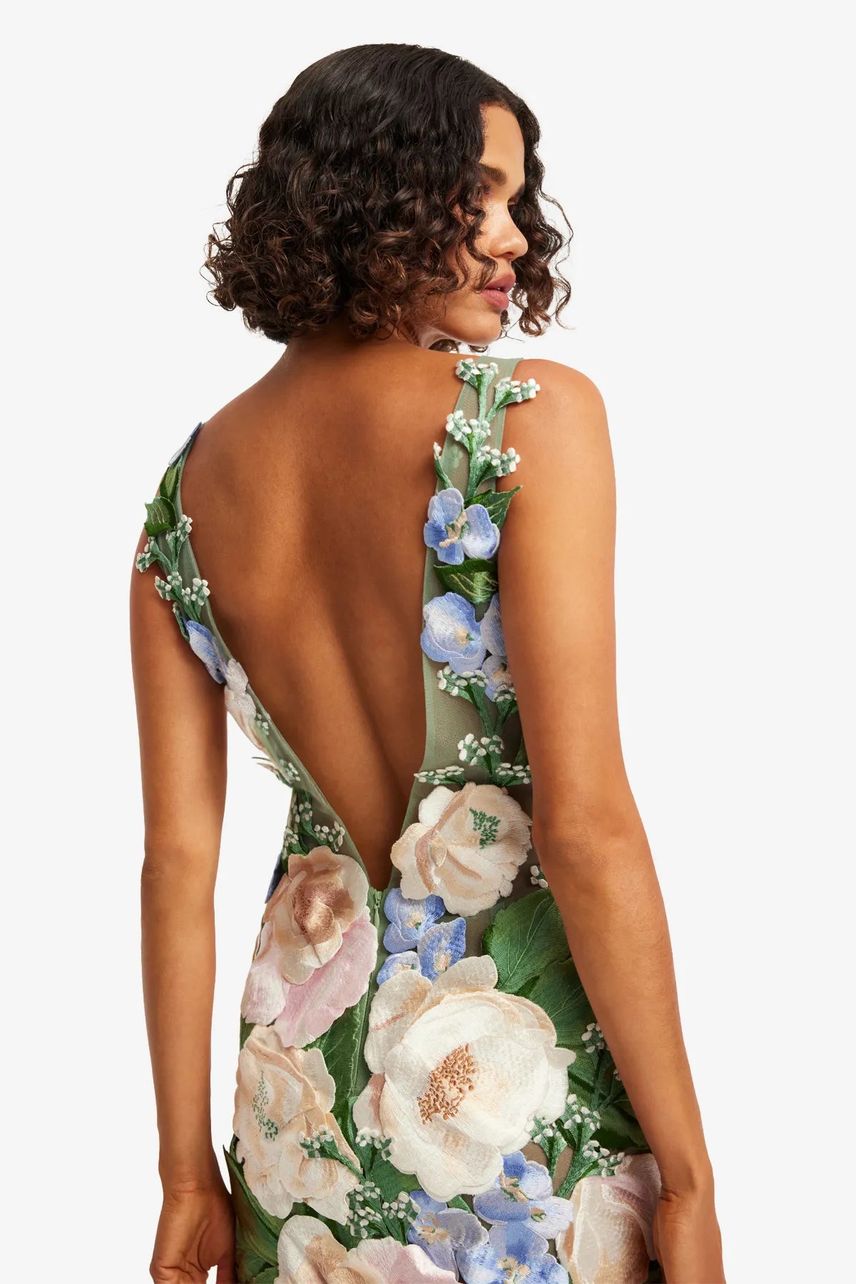 Fleur Hand-Embroidered Backless Sleeveless Floral Maxi Dress in Green