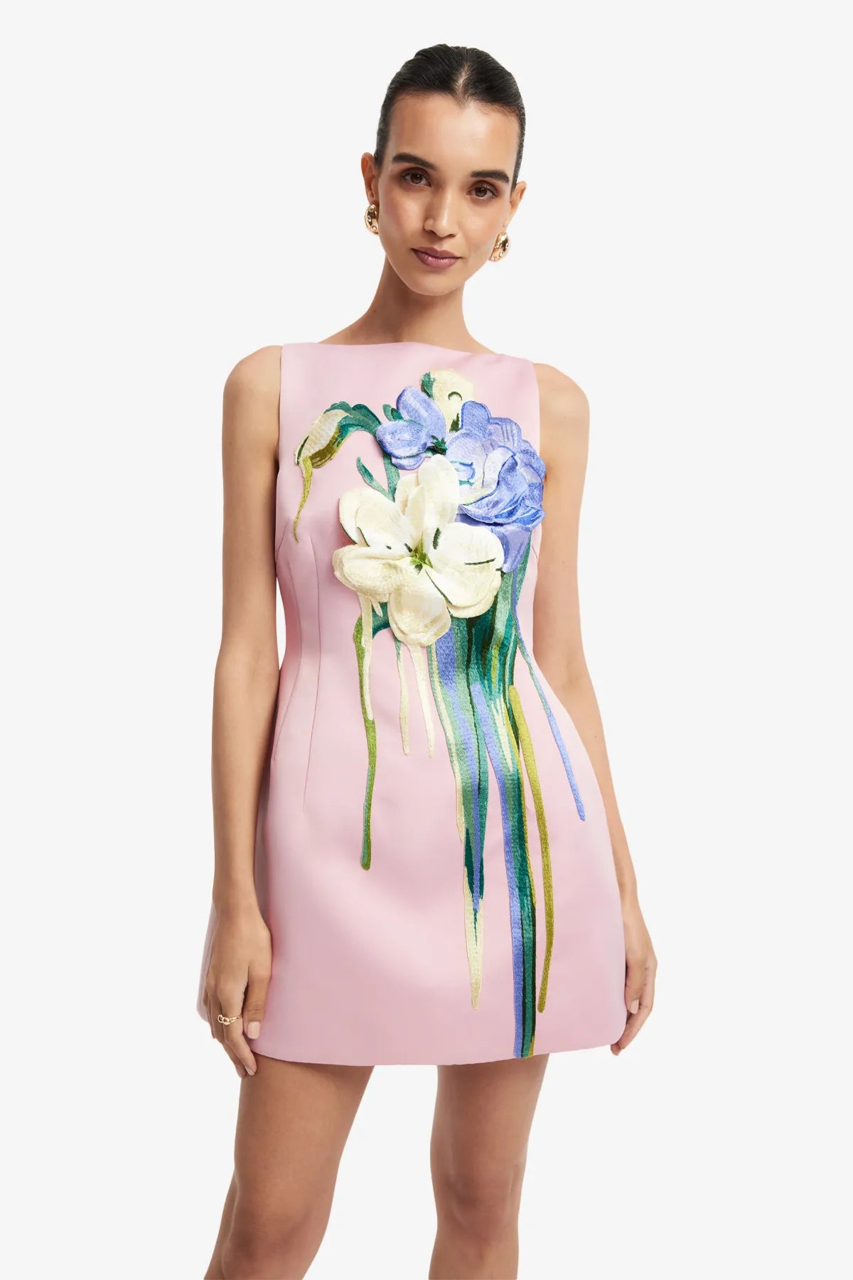 Ali Embroidered Boat Neck Sleeveless Floral Mini Dress in Pink