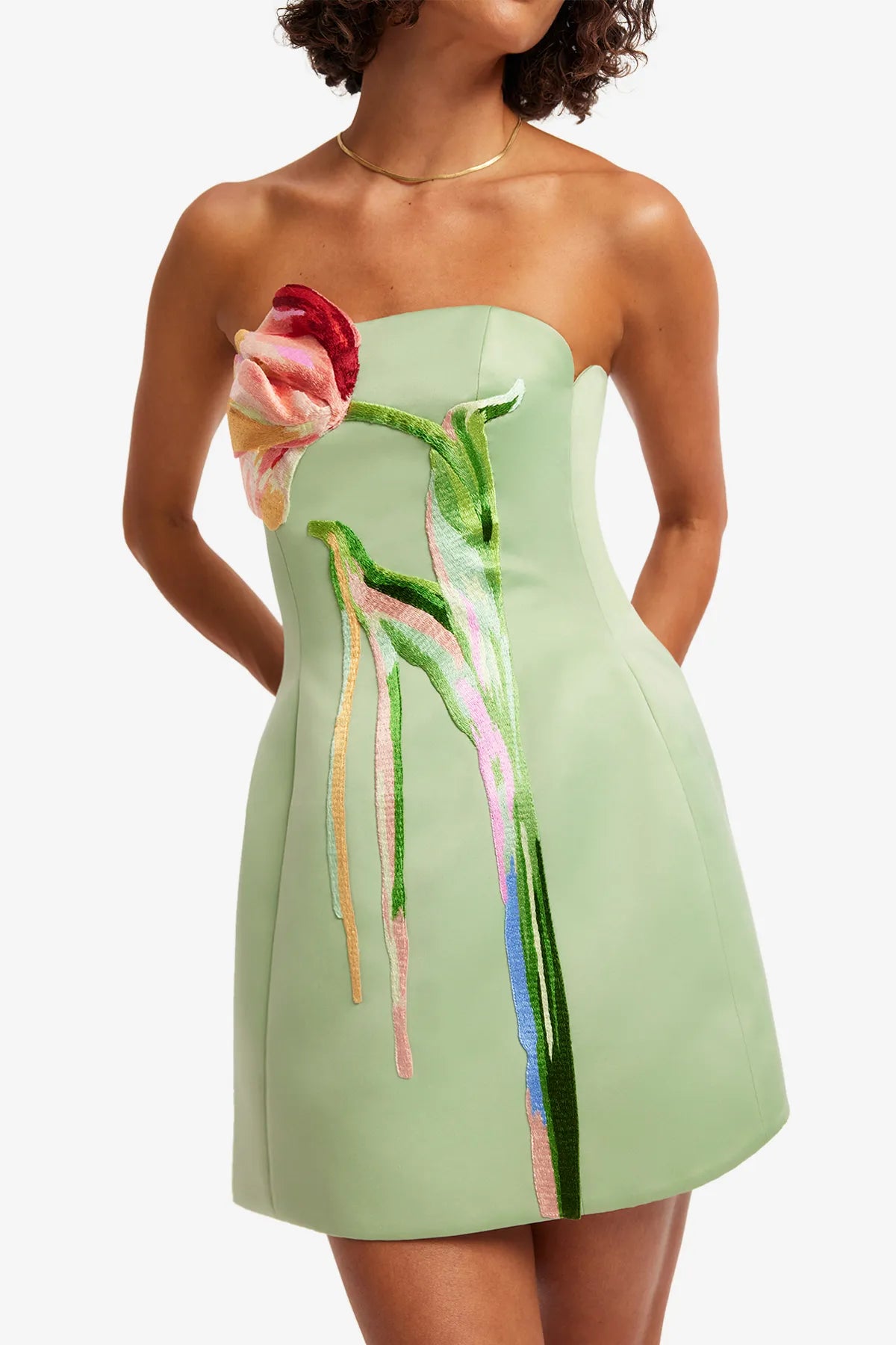 Roselle Cutout Bustier Strapless Floral Mini Dress in Green