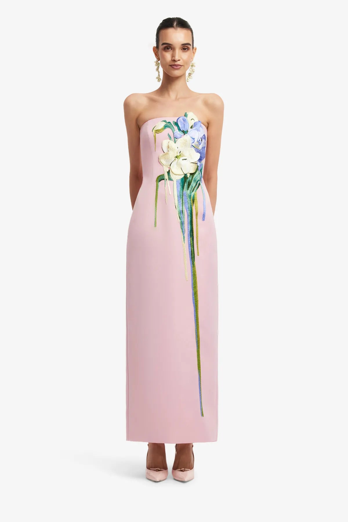 Rayna Embroidered Bustier Strapless Floral Maxi Dress in Pink