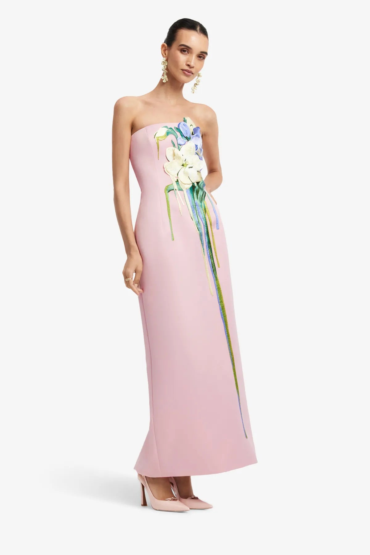 Rayna Embroidered Bustier Strapless Floral Maxi Dress in Pink