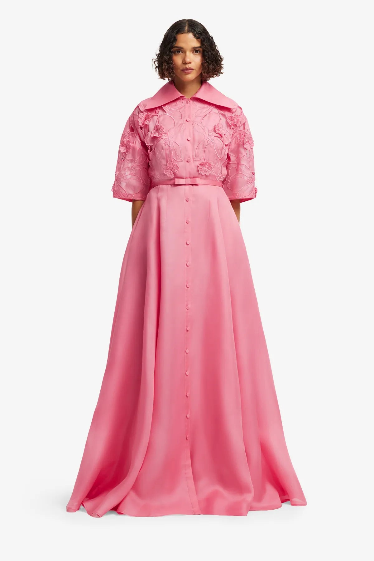 Junia Floral Applique Puff Sleeves Belted Silk Maxi Dress in Pink