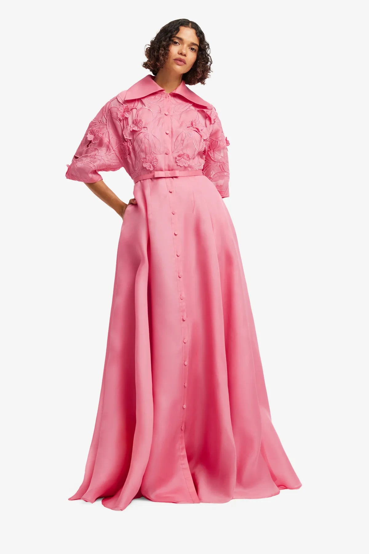 Junia Floral Applique Puff Sleeves Belted Silk Maxi Dress in Pink