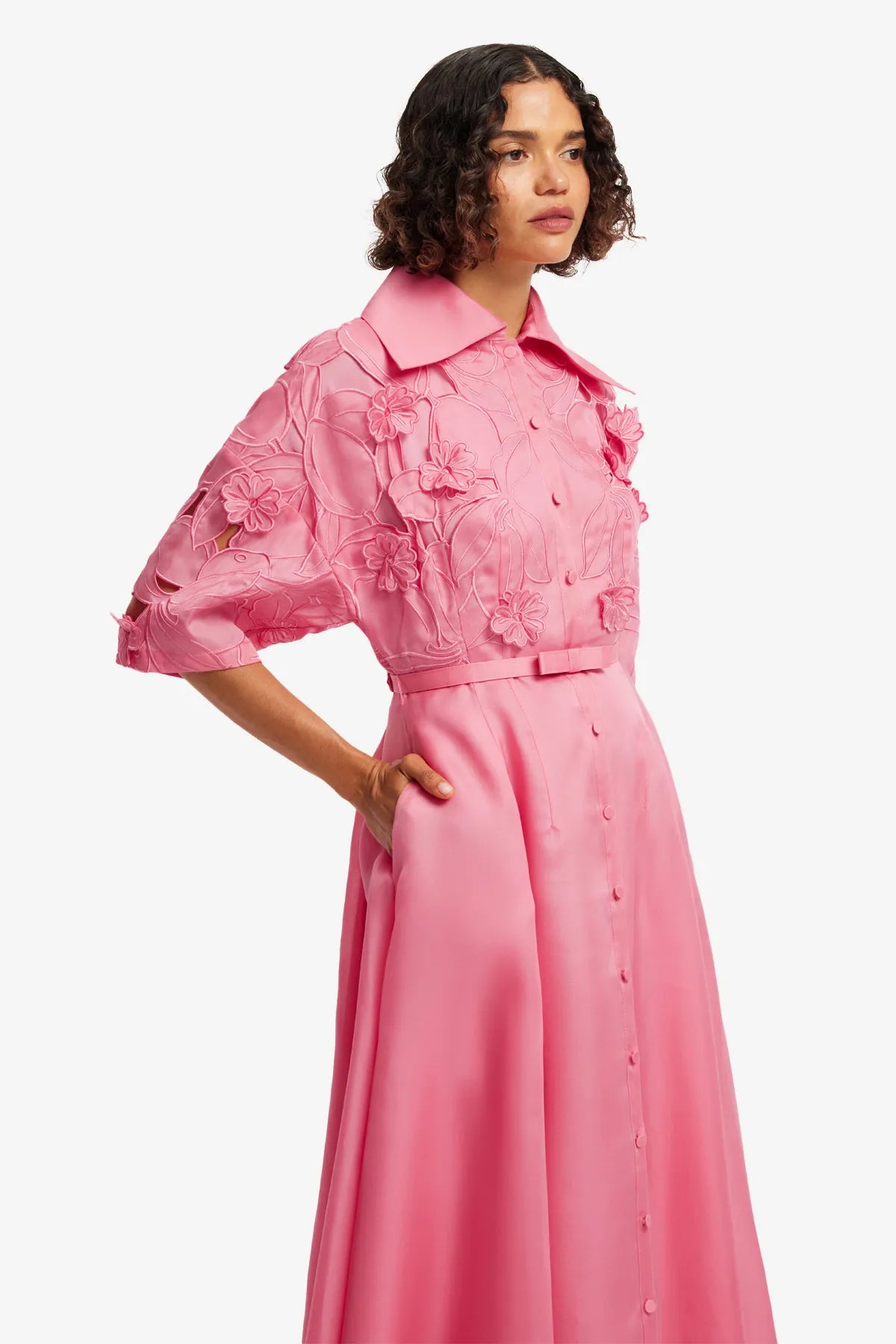 Junia Floral Applique Puff Sleeves Belted Silk Maxi Dress in Pink