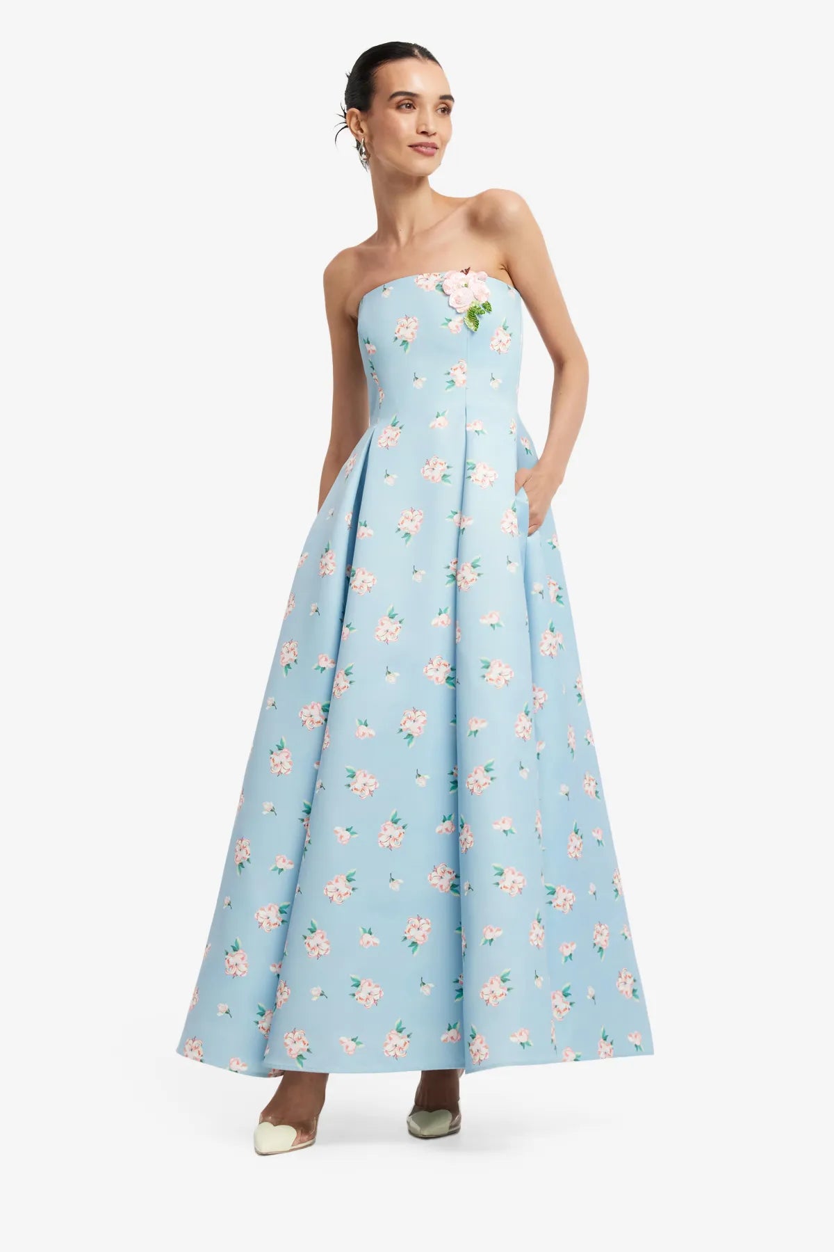 Nora Bustier Strapless Floral Maxi Dress in Blue