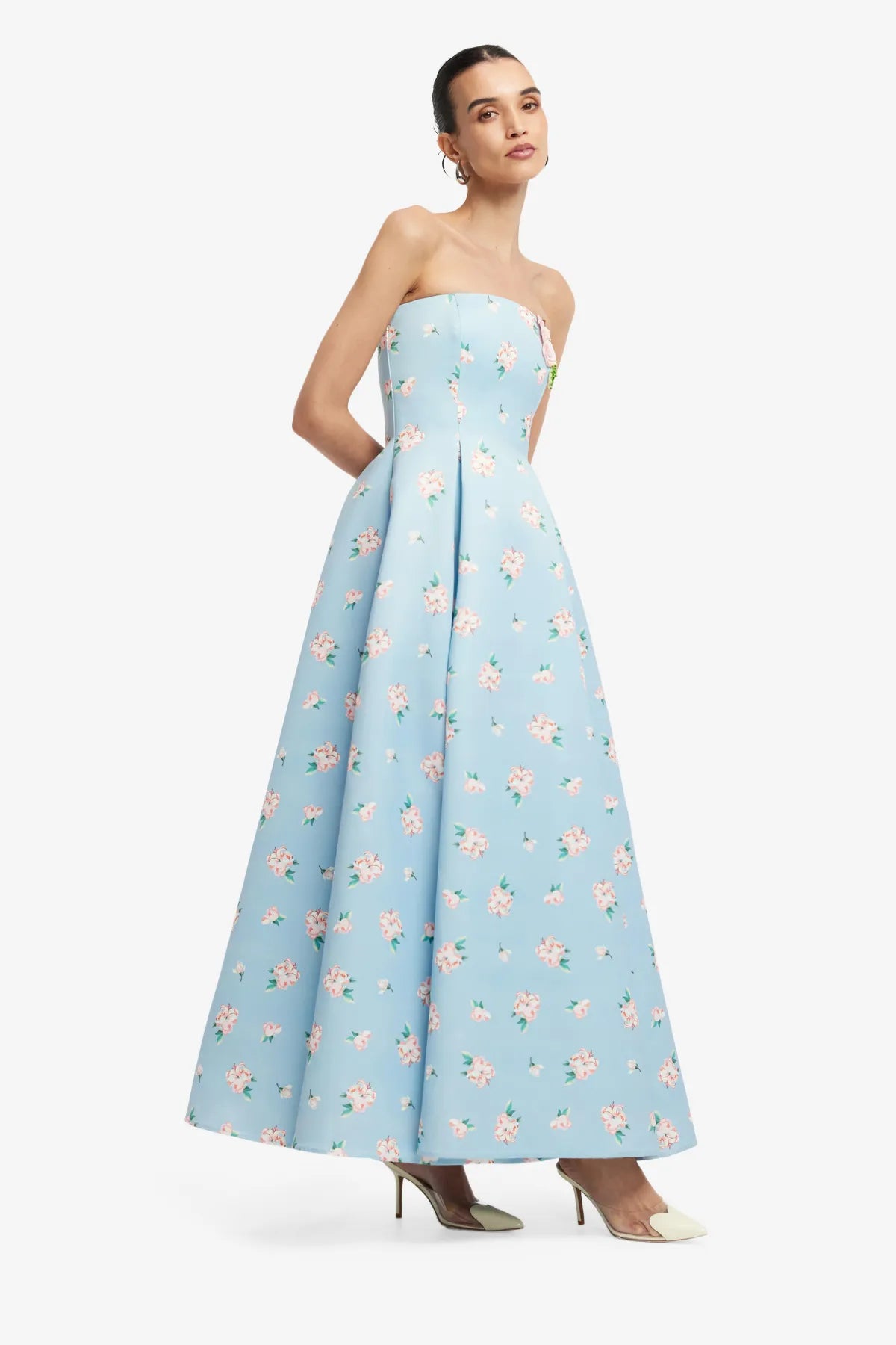 Nora Bustier Strapless Floral Maxi Dress in Blue