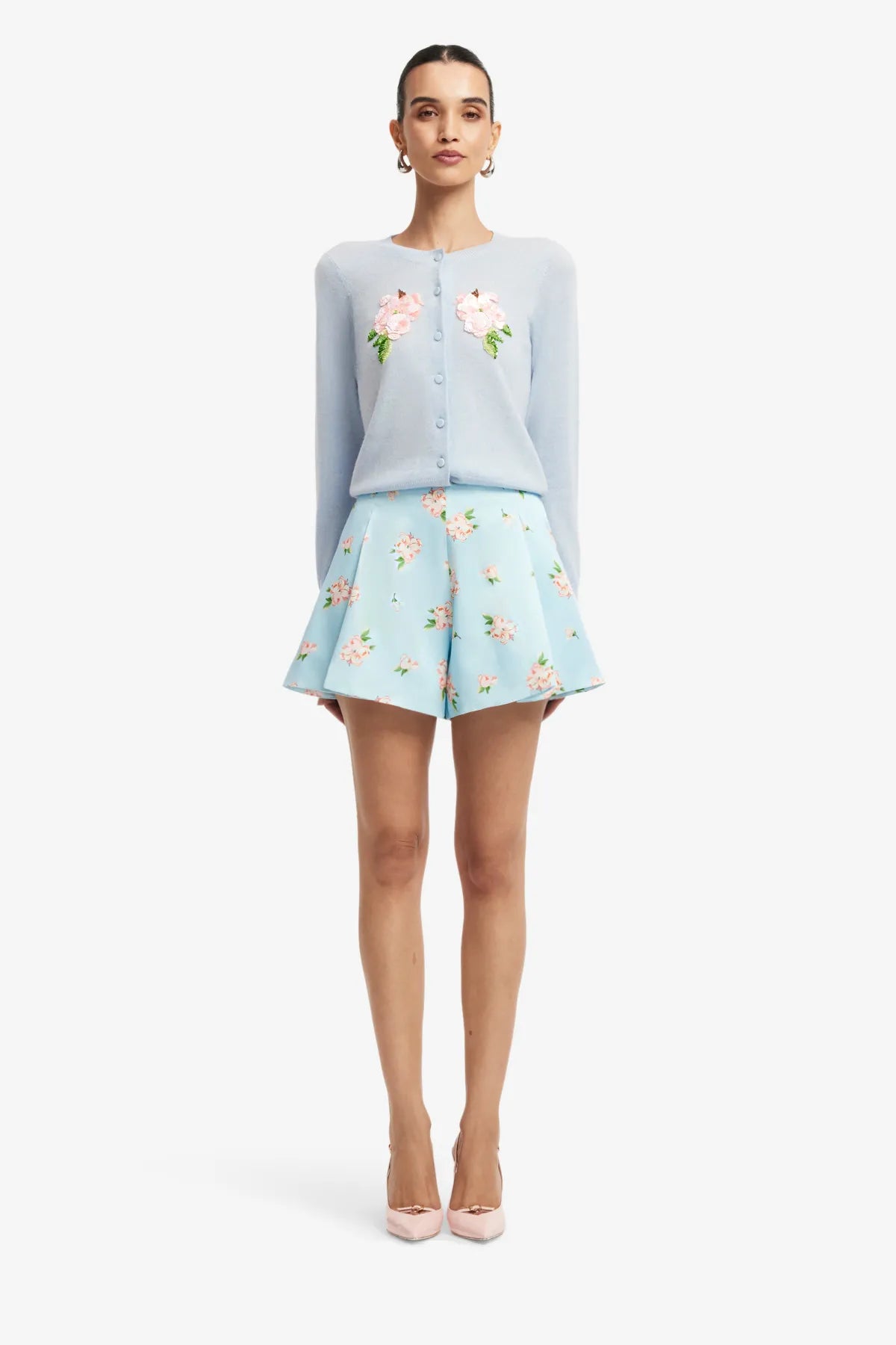 Claire Embellished Knit Floral Wool Cashmere Cardigan in Blue