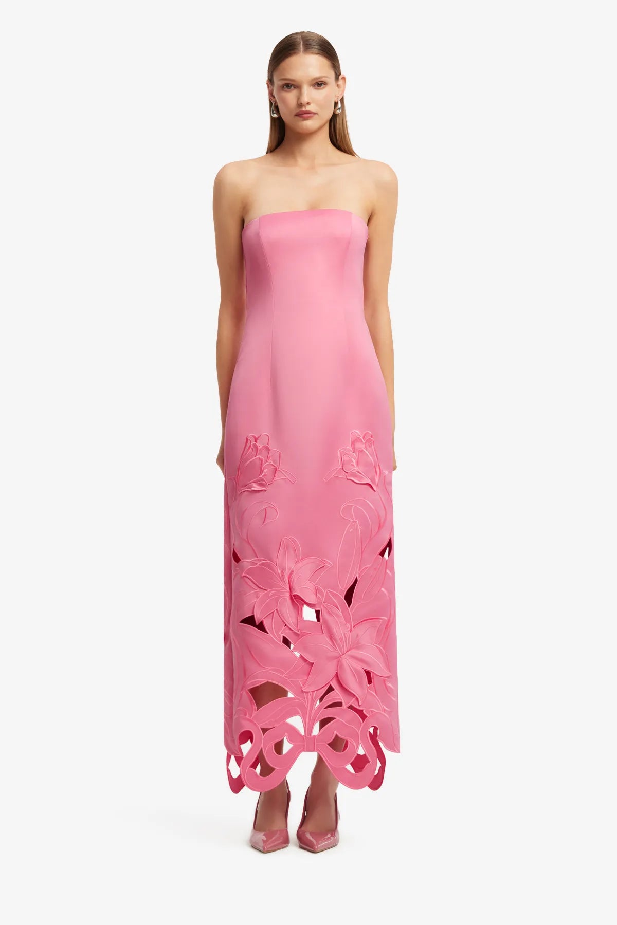 Rayna Floral Applique Bustier Strapless Maxi Dress in Pink