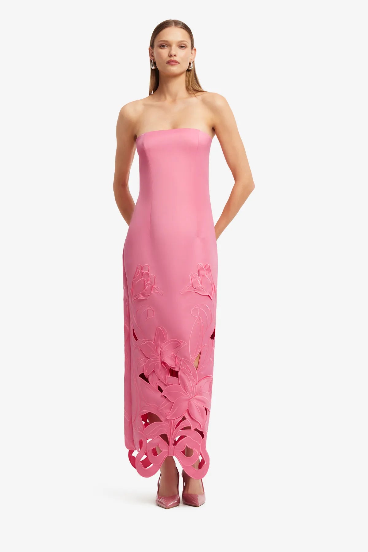 Rayna Floral Applique Bustier Strapless Maxi Dress in Pink