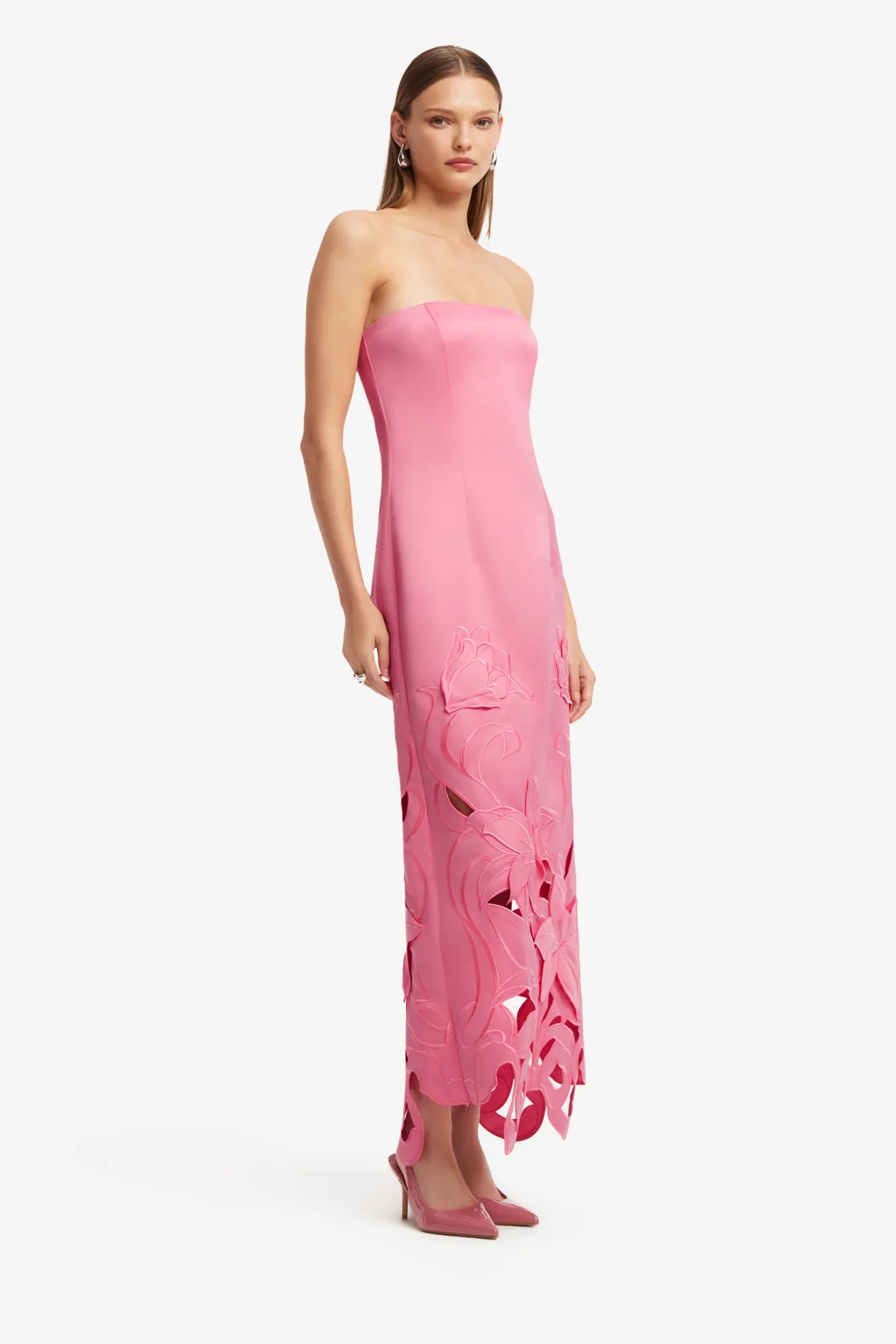 Rayna Floral Applique Bustier Strapless Maxi Dress in Pink