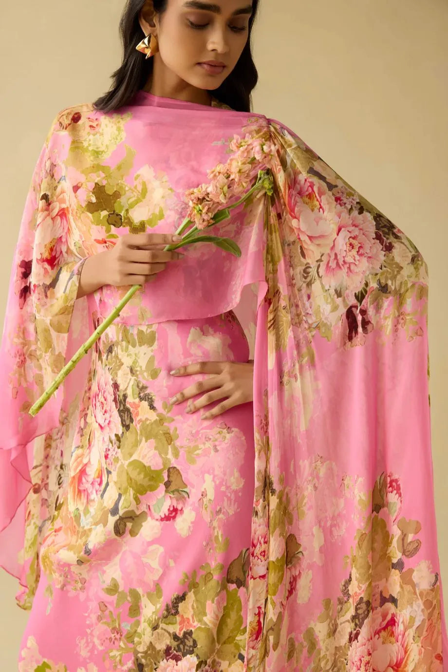 Saro Bias Floral Cape Maxi Dress in Pink
